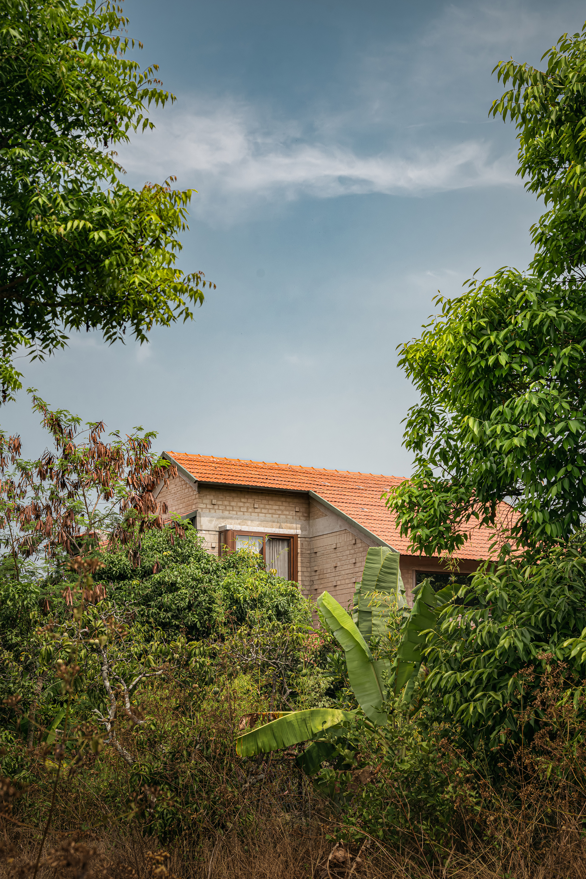 Gabled terracotta tile roof and exposed brick wall rising above dense foliage and a banana plant under a hazy blue sky