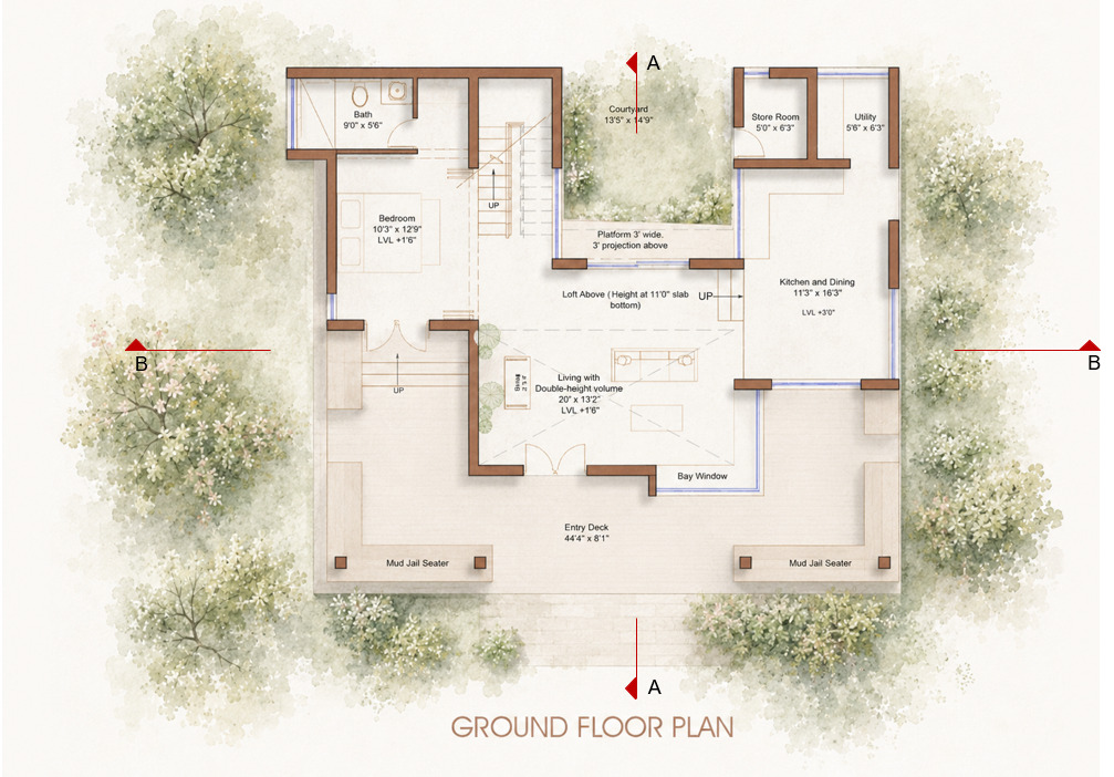 Ground floor plan drawing showing the entry deck, double-height living space, bedroom, kitchen and dining, and courtyard, surrounded by tree canopies