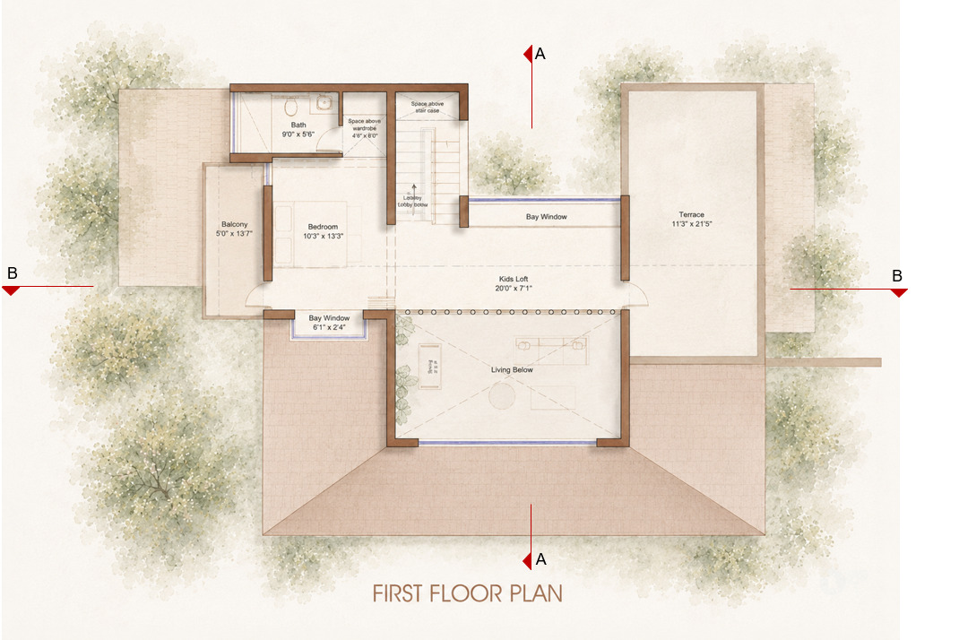 First floor plan drawing showing the kids loft, bedroom, balcony and terrace, with the hipped roof over the living space below