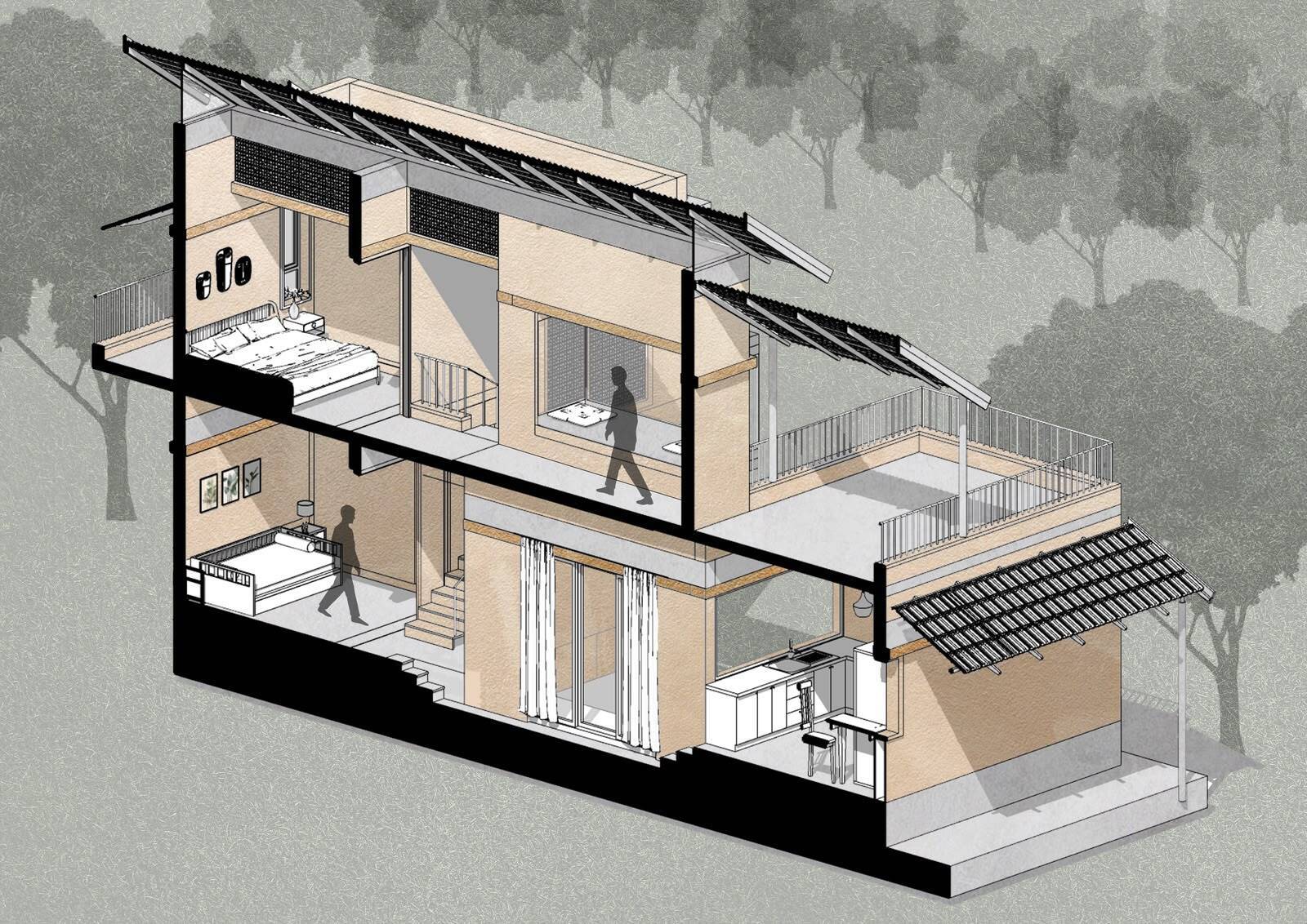 Sectional axonometric drawing cutting through a two-storey house, showing bedrooms, stairs, a kitchen, a roof terrace and sloped roofs among silhouetted trees