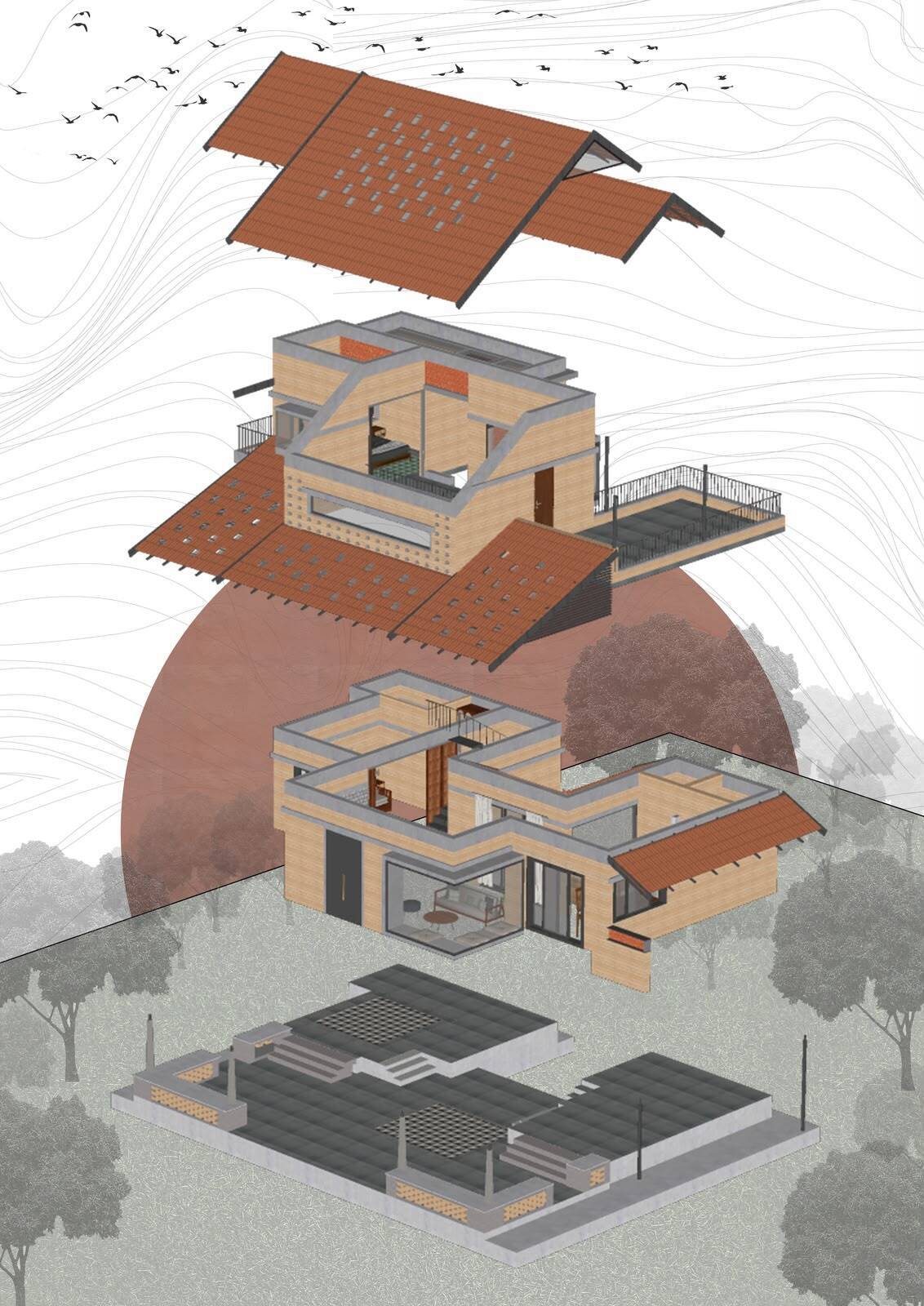 Exploded axonometric drawing separating clay tile roof, upper floor, ground floor and plinth of a brick house, with birds and contour lines above