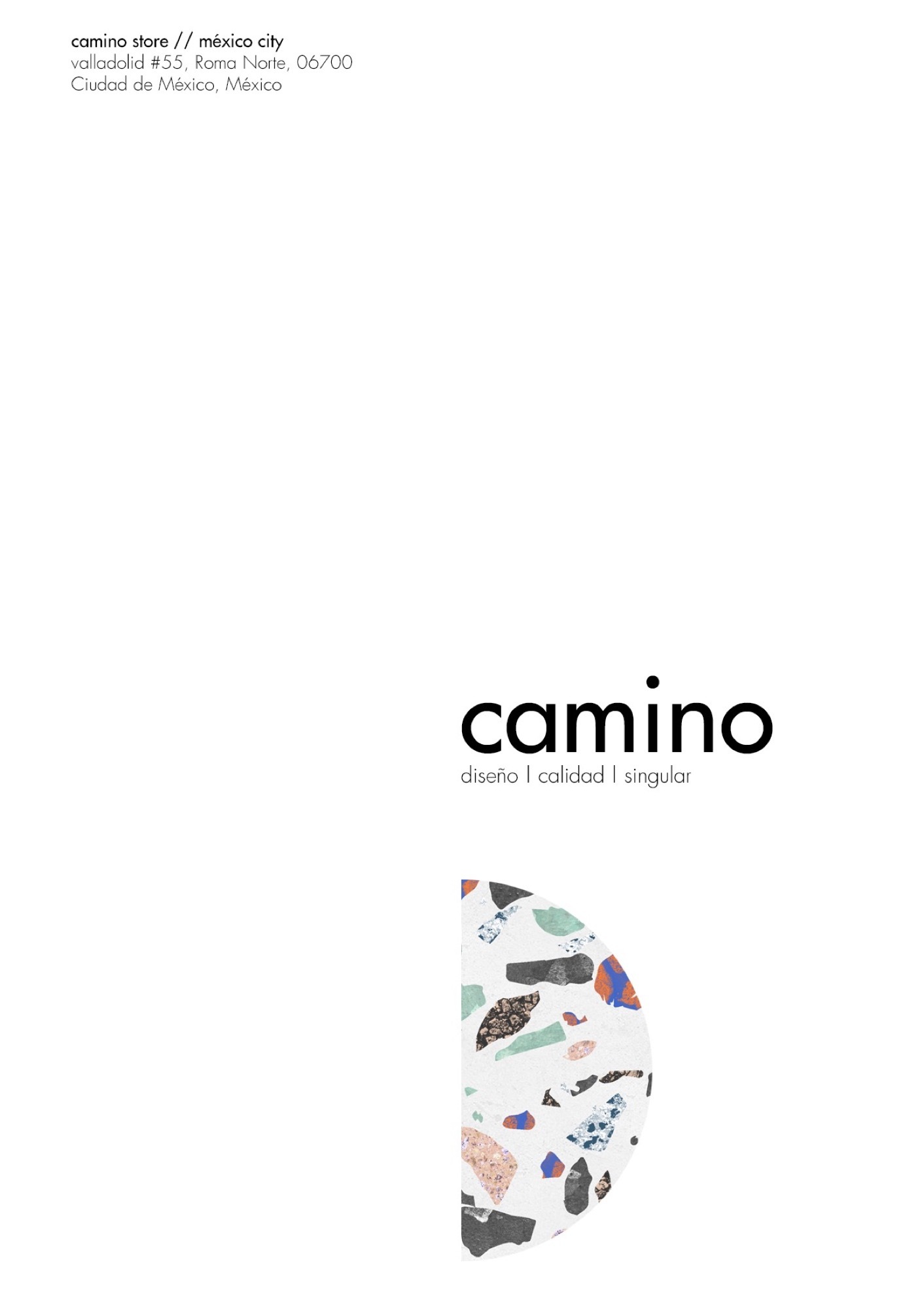 Graphic cover page with a lowercase wordmark above a half-circle of multicolored terrazzo, with the store address set in small type at top left
