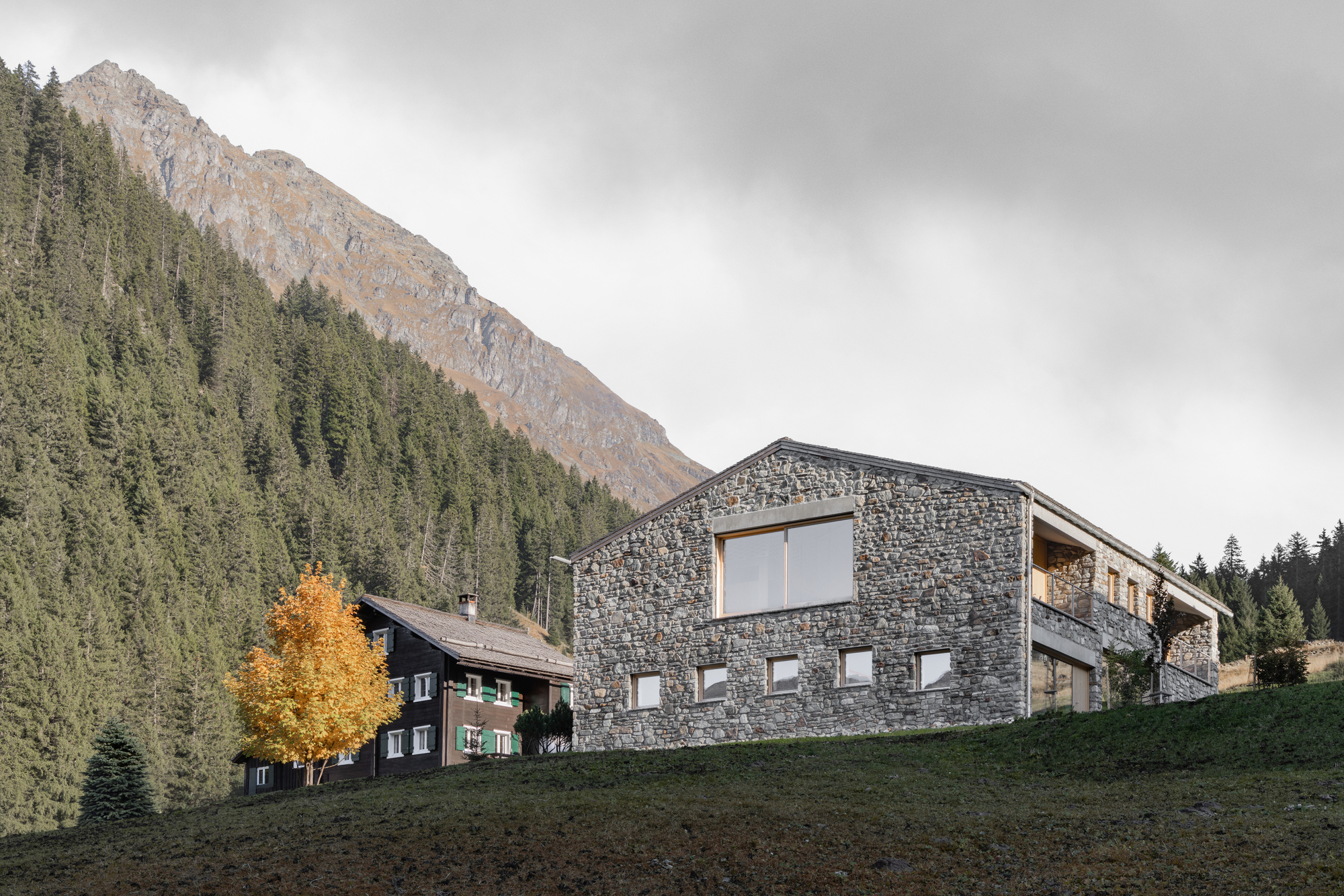 Stone gabled house on a grassy slope above a dark timber farmhouse and a yellow larch, with forested mountainside behind