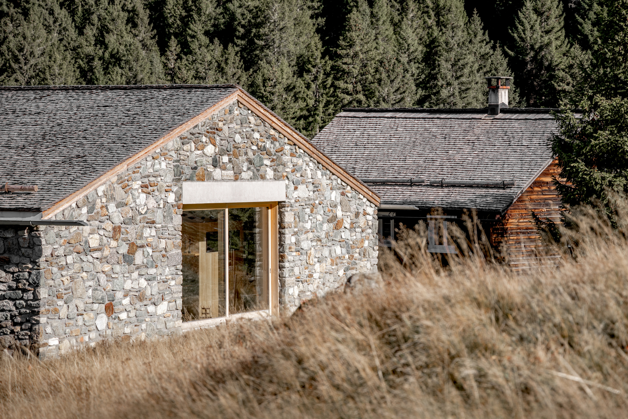 Stone gable with a tall wood-framed window beside a timber-clad neighbor, set against a dark spruce forest