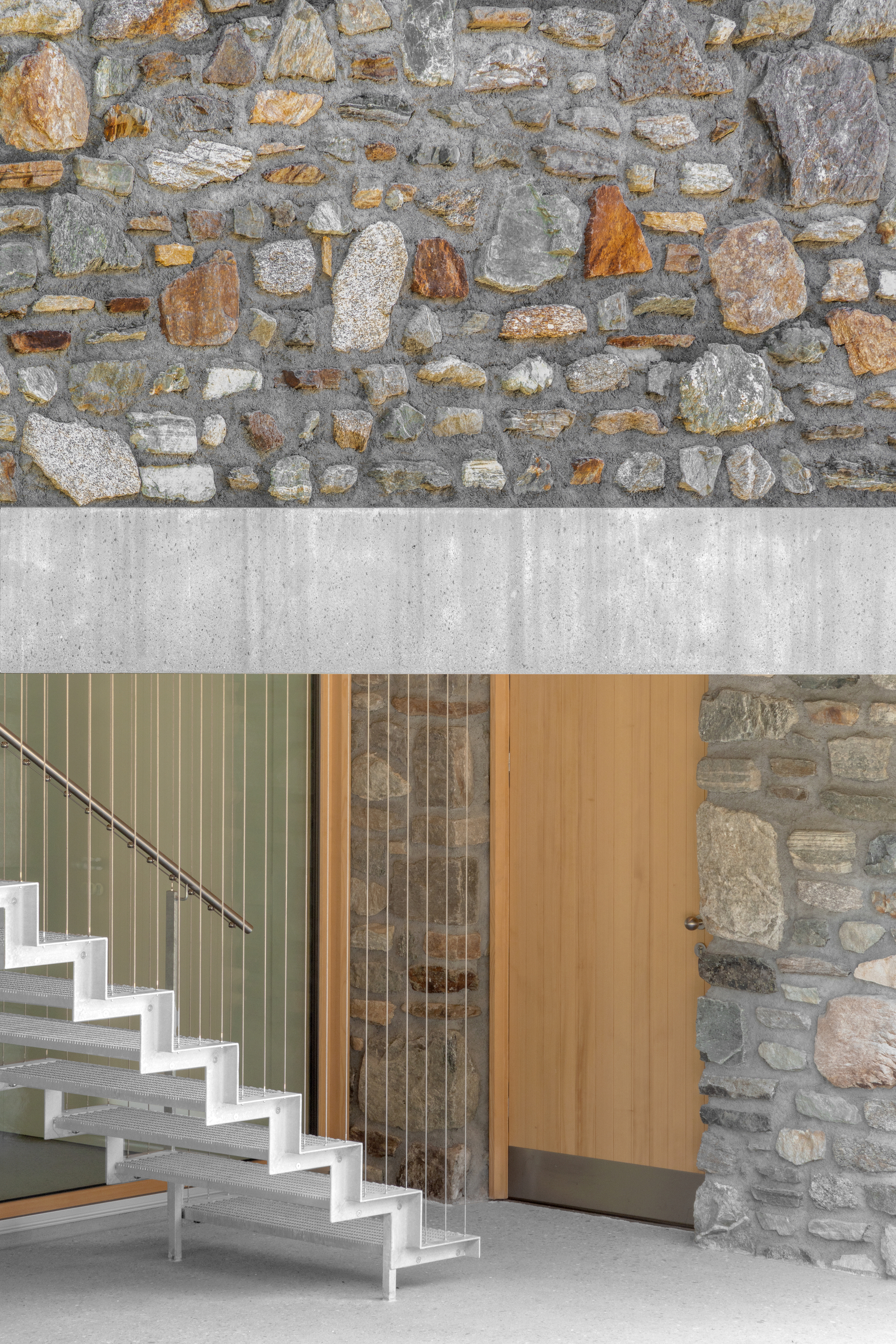 Stone wall above a concrete band and a stainless steel stair beside a timber door, with a cable balustrade in soft interior light