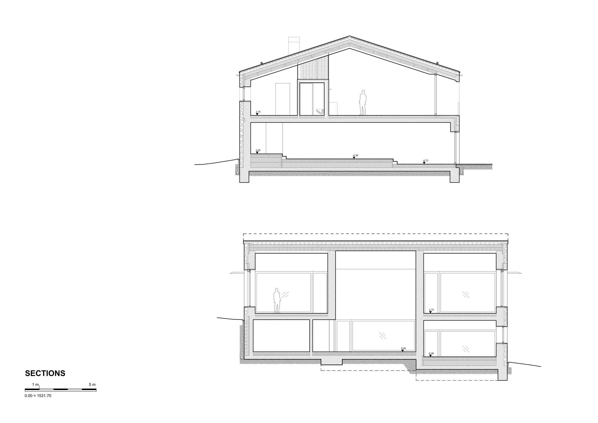 Two section drawings of a gabled house showing stacked floors, a stepped lower level and glazed openings, with a standing figure for scale