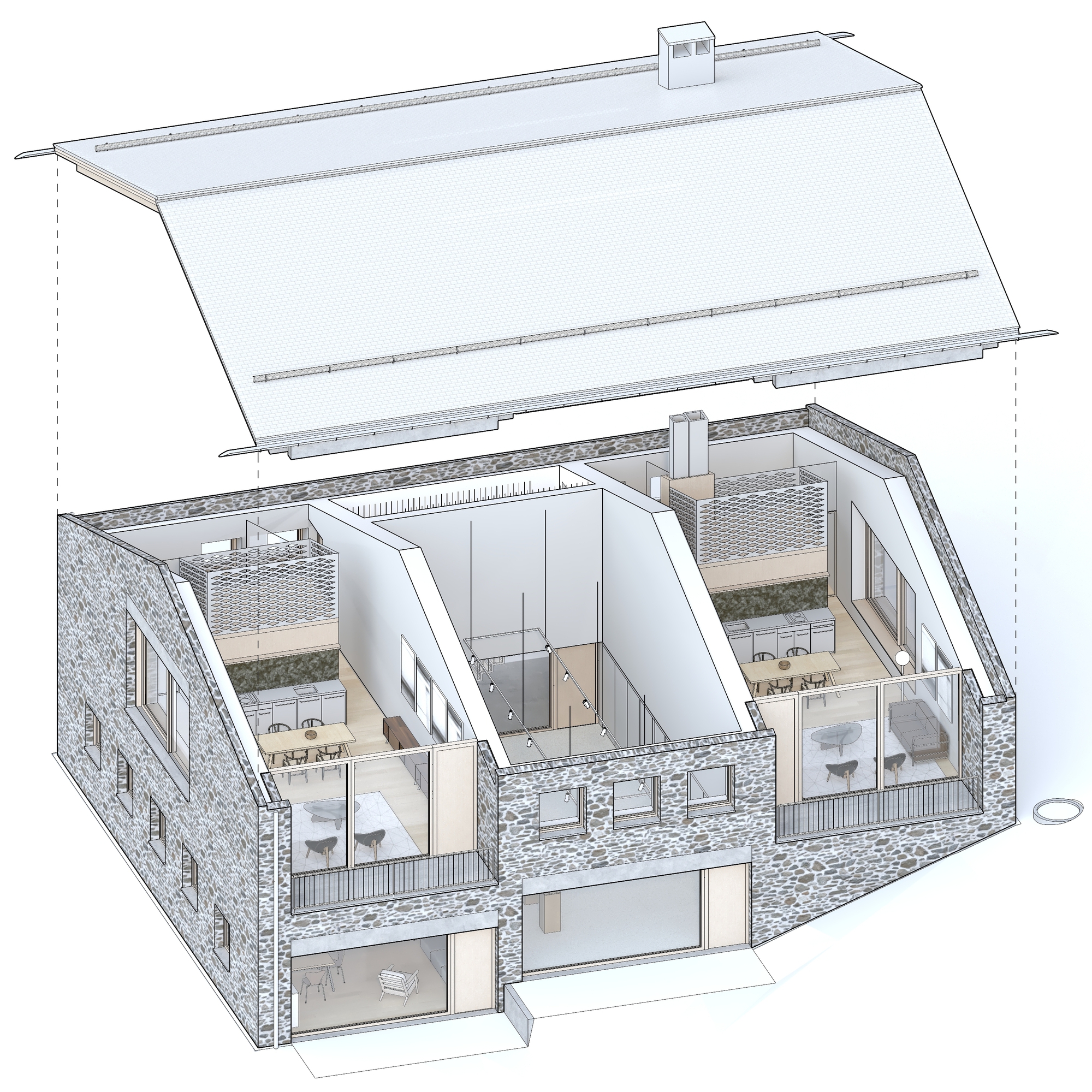 Exploded axonometric drawing lifting the pitched roof off a stone-walled house to reveal kitchens, living rooms and a central void
