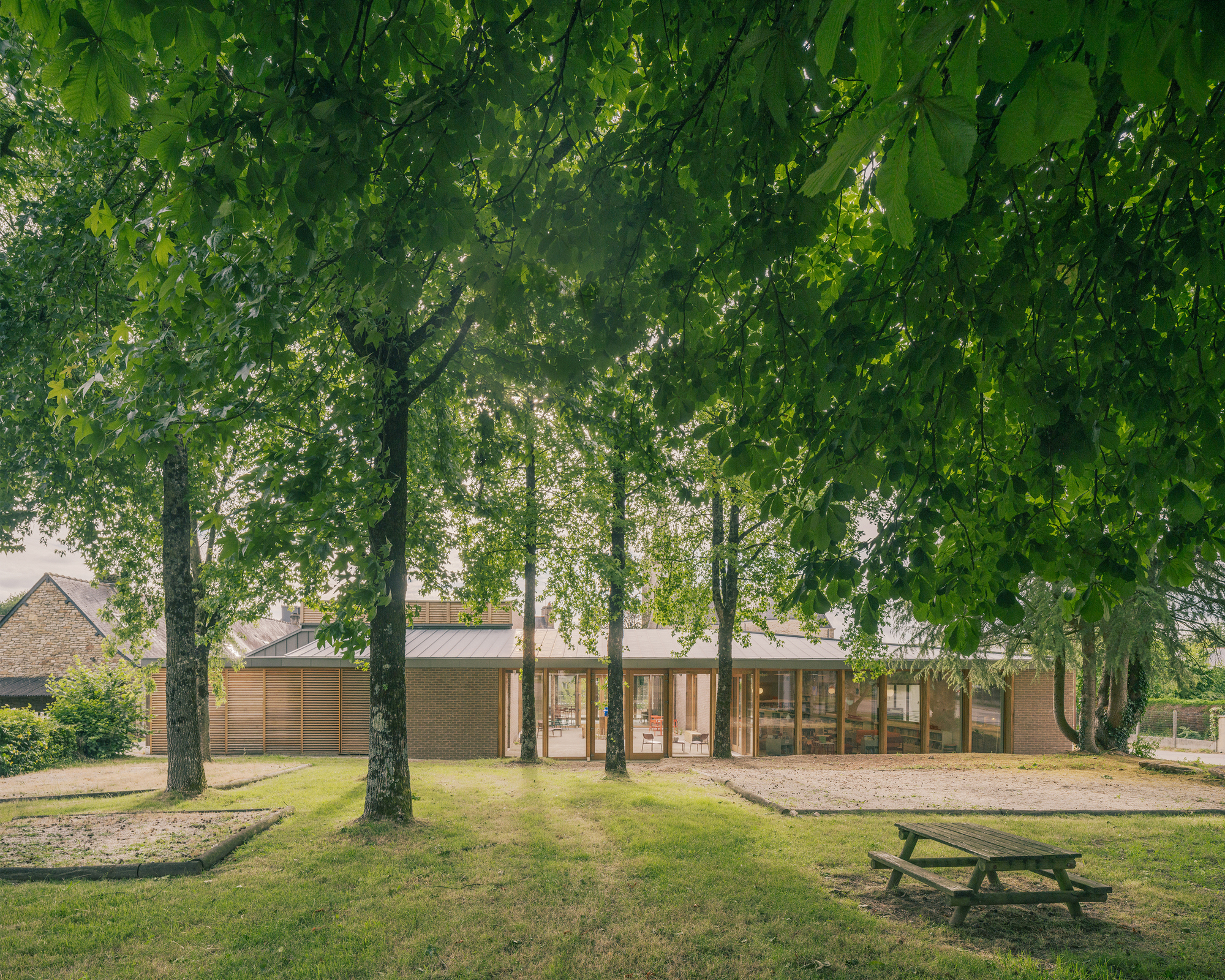 Low brick and timber-clad building with a metal roof and glazed front, seen through tall trees across a lawn in summer leaf