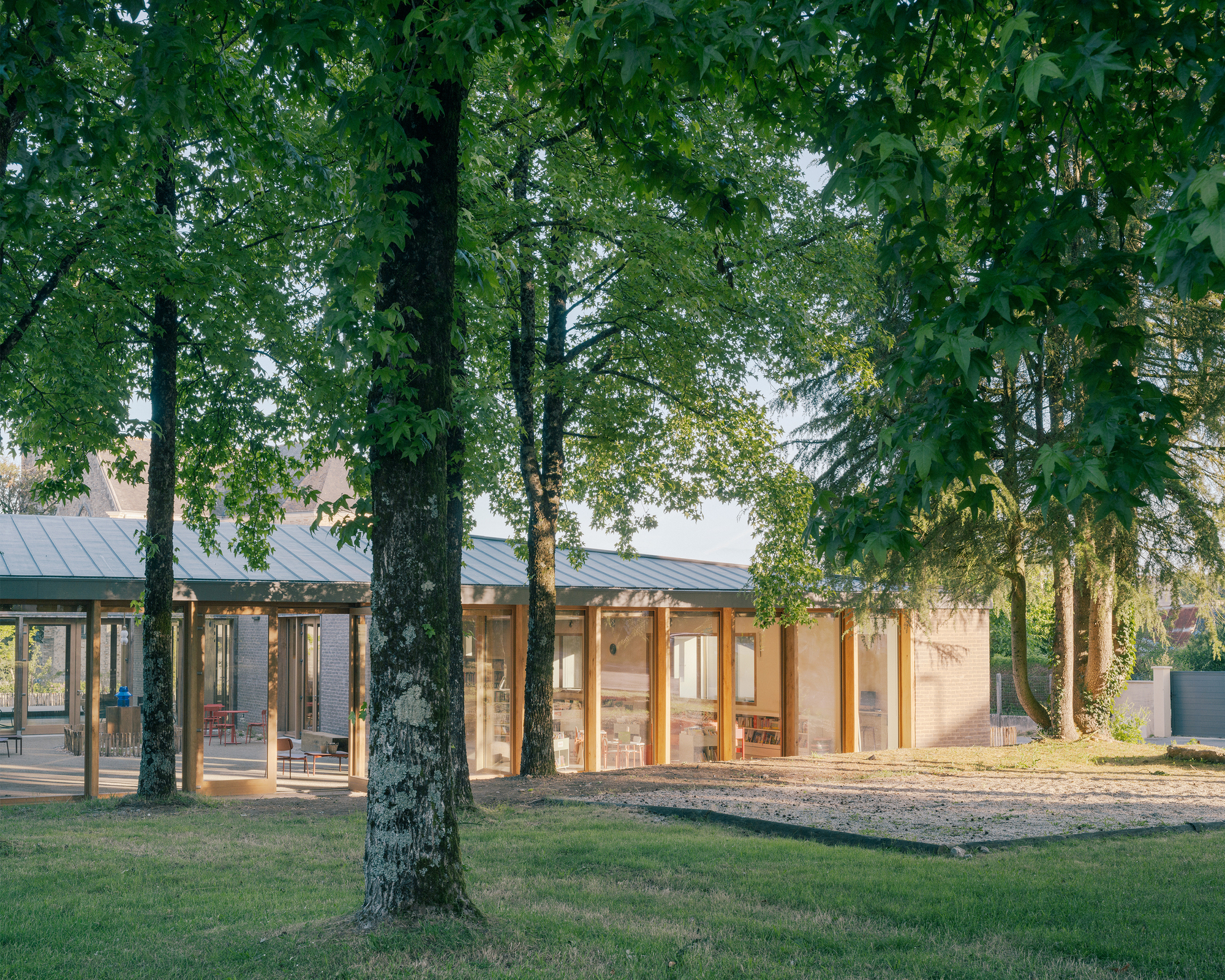 Glazed timber-framed pavilion under a zinc roof, with a covered walkway at left, lit by low evening sun through tree trunks