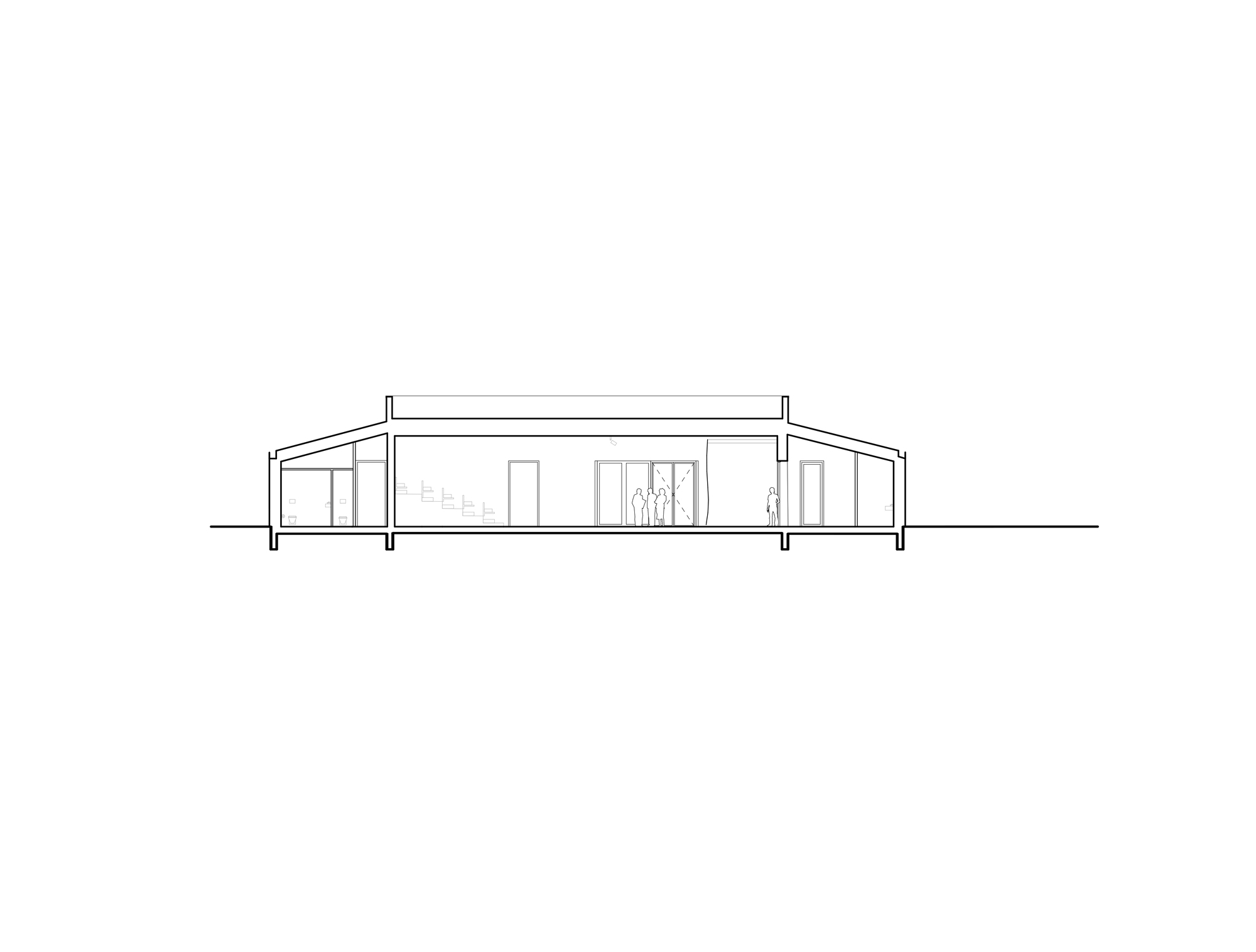 Cross-section drawing of a single-storey building with a raised central roof, a stepped seating area and small figures standing inside