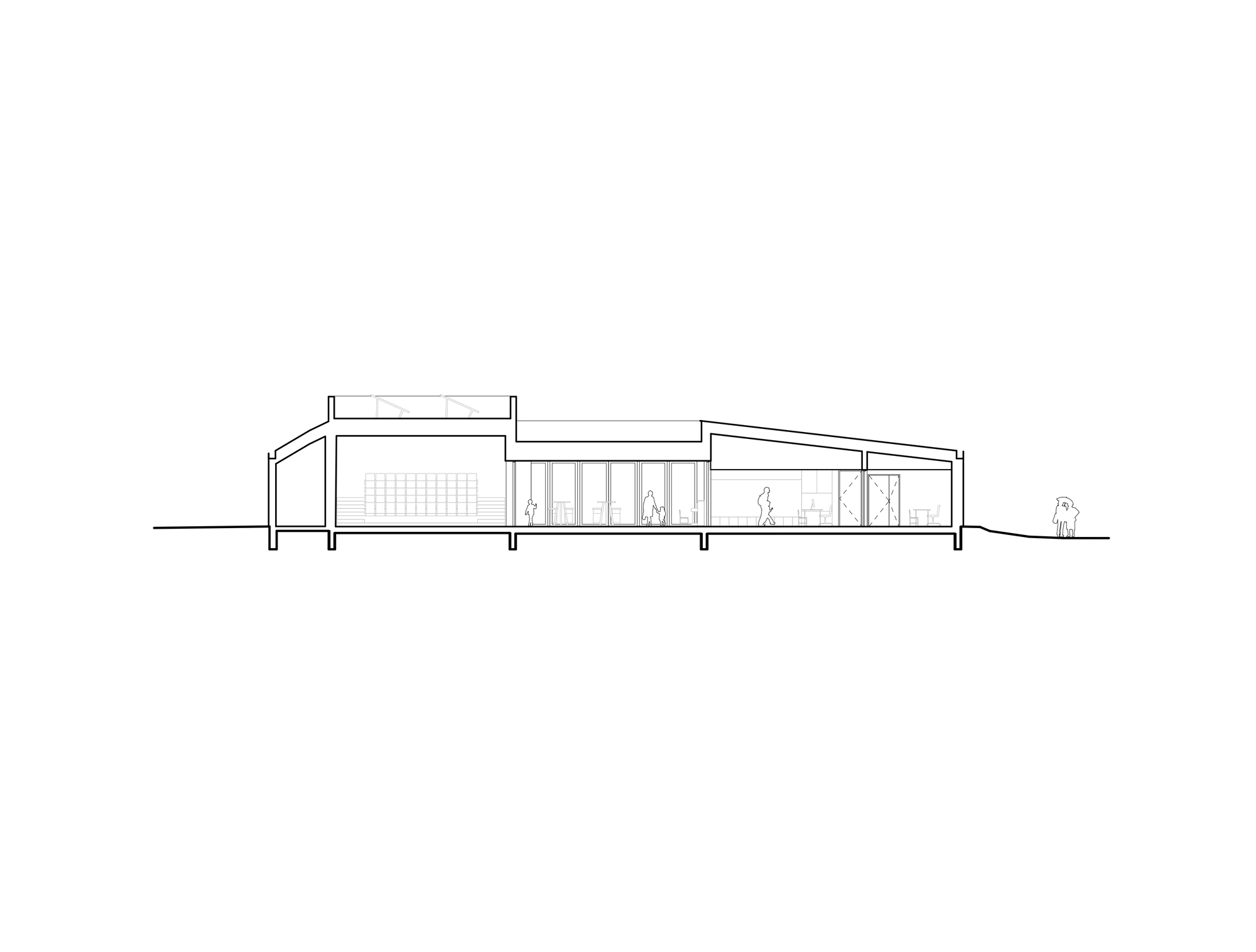 Long section drawing of a low building with stepped roof levels and rooflights, people inside and a lone figure standing outside on the slope