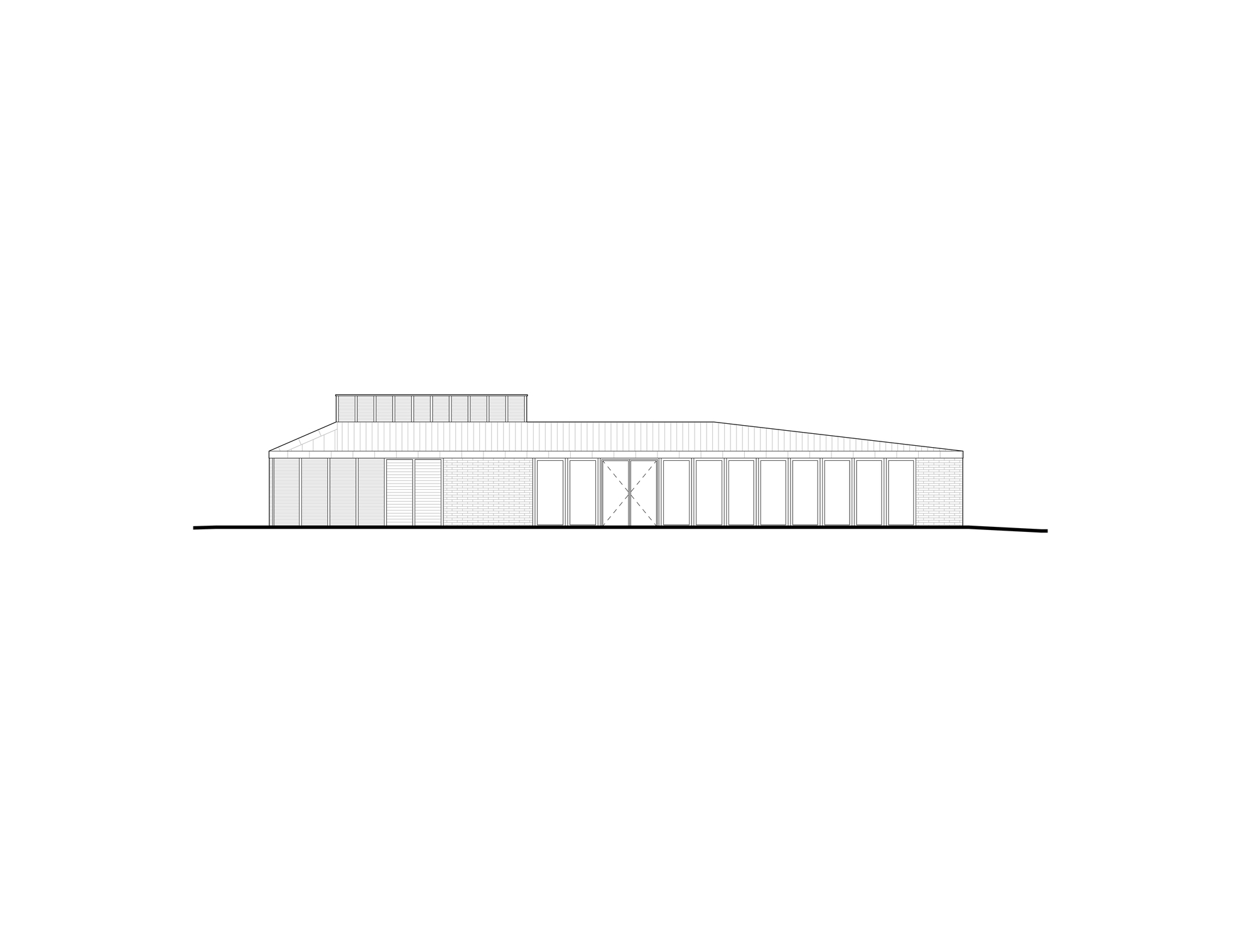 Elevation drawing of a long low brick building with a pitched roof, a raised clerestory volume and a run of glazed bays with a central double door