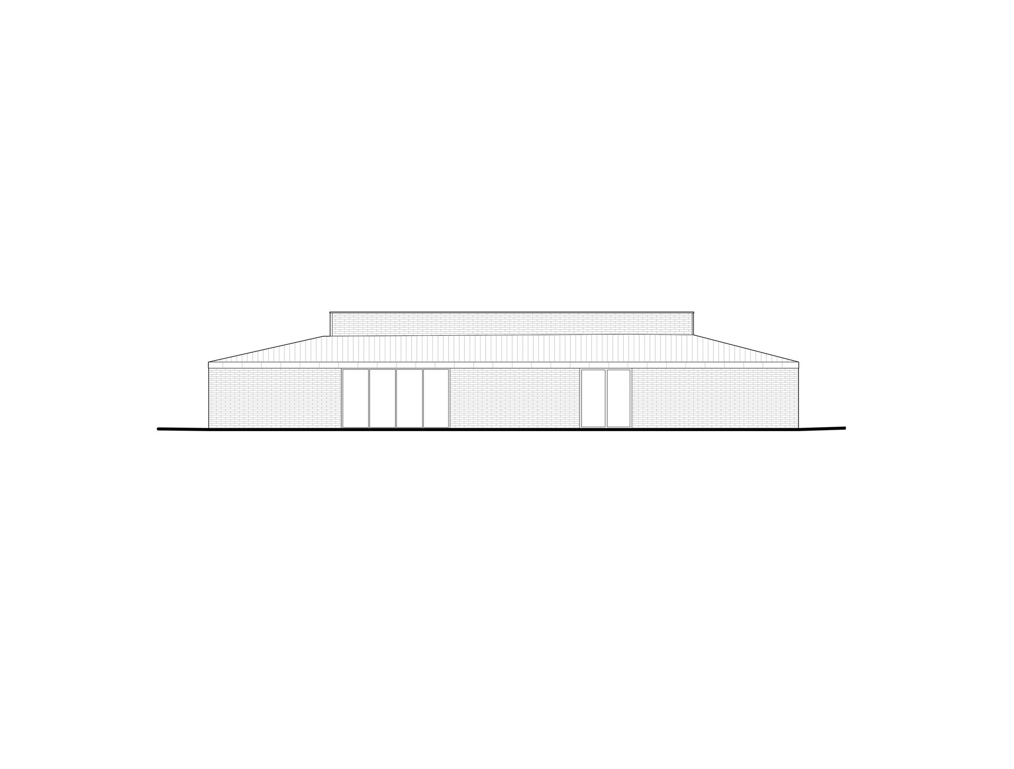 Elevation drawing of a low brick end wall under a hipped roof, with a raised clerestory block and two sets of glazed sliding doors