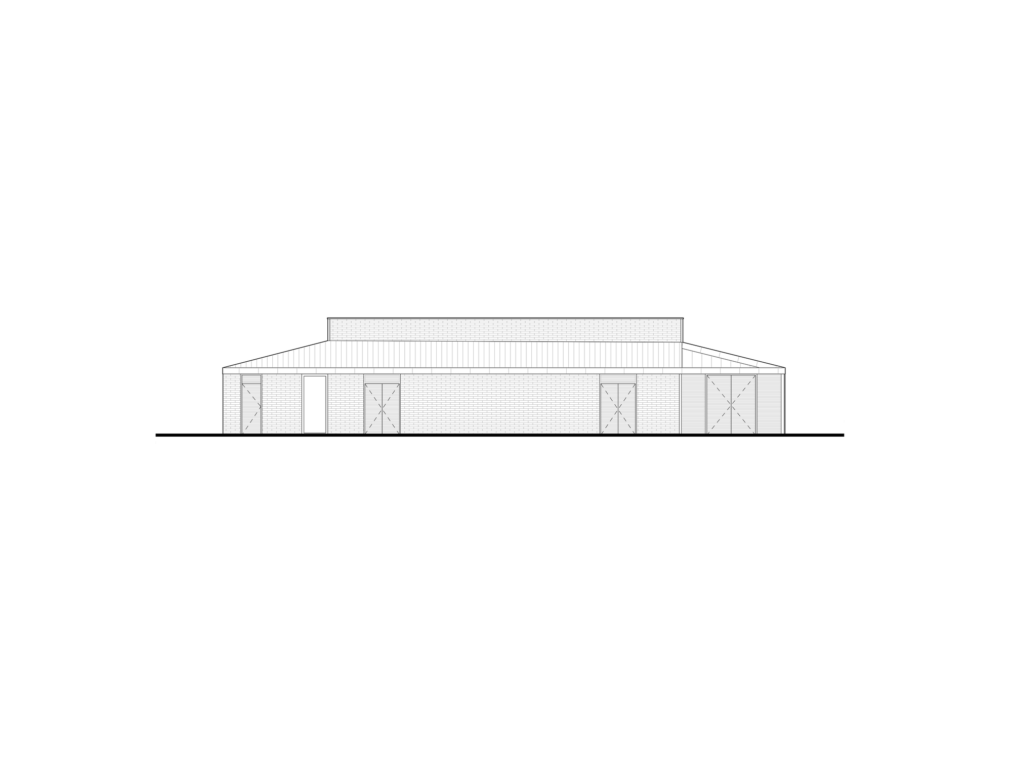 Elevation drawing of a brick facade under a hipped roof with a taller block behind, showing a single door and three double doors