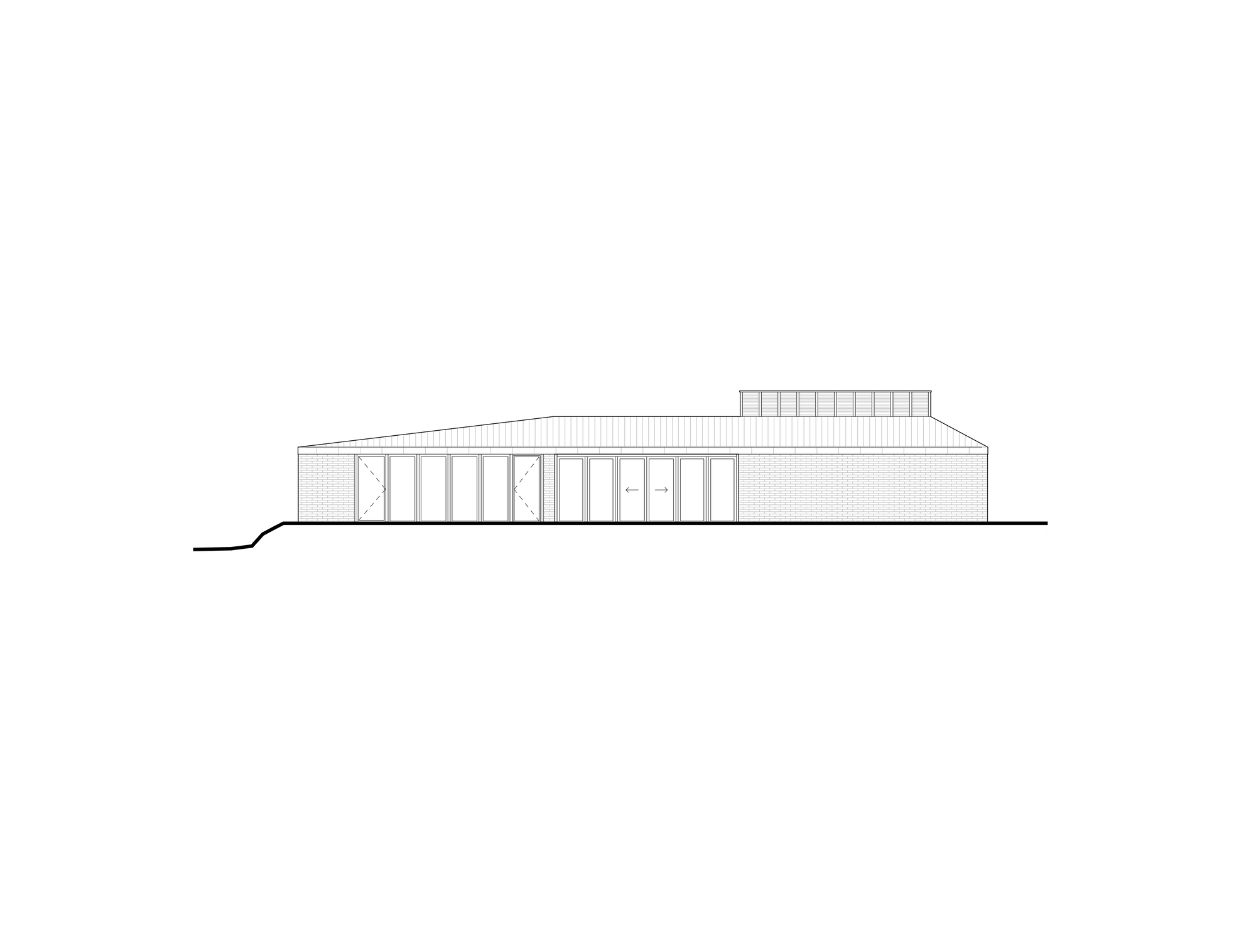 Elevation drawing of a brick building on a sloping site, with a glazed bay wall, sliding door arrows and a raised clerestory at right