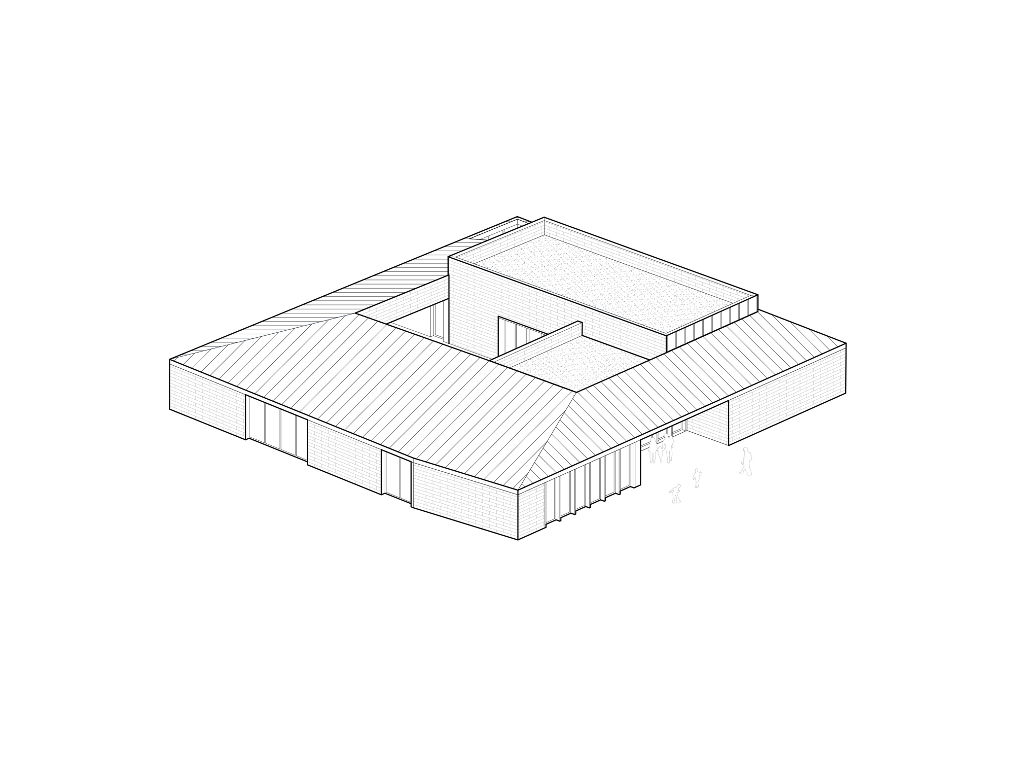 Axonometric drawing of a courtyard-plan brick building with a standing seam roof, a raised flat-roofed volume and small figures near the entrance