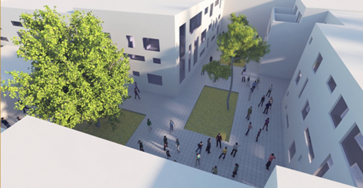 Rendered aerial view into a paved courtyard with two grass beds, mature trees and people crossing in afternoon shadow. Image: Hani Mansurnejad, Yasamin Edraki, Sharareh Jokar