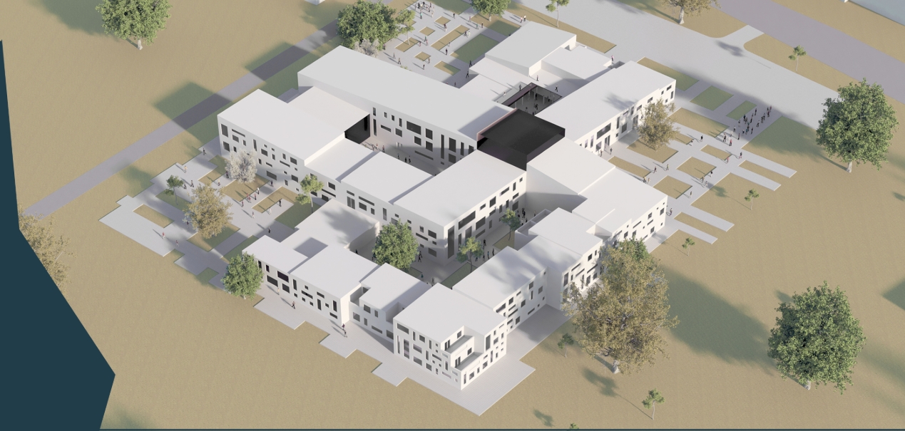 Aerial rendering of the white massing arranged around several courtyards, with scattered trees on bare tan ground. Image: Hani Mansurnejad, Yasamin Edraki, Sharareh Jokar