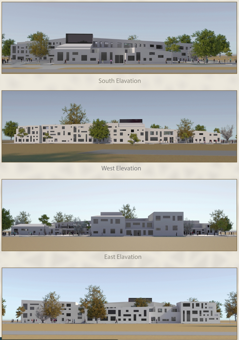 Four stacked elevation drawings of south, west, east and north facades with irregular window openings, trees and pedestrians under pale sky. Image: Hani Mansurnejad, Yasamin Edraki, Sharareh Jokar