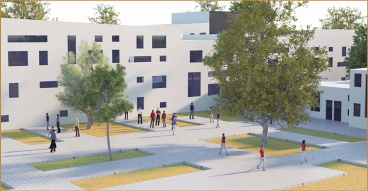 Courtyard with sunken grass beds and paving in front of a white wall of irregular windows, with large trees. Image: Hani Mansurnejad, Yasamin Edraki, Sharareh Jokar