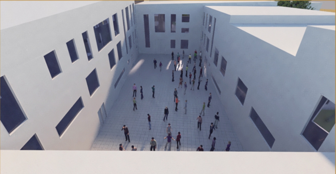Rendered aerial view into an enclosed paved courtyard with scattered pedestrians, white walls and irregular window openings in raking sunlight. Image: Hani Mansurnejad, Yasamin Edraki, Sharareh Jokar