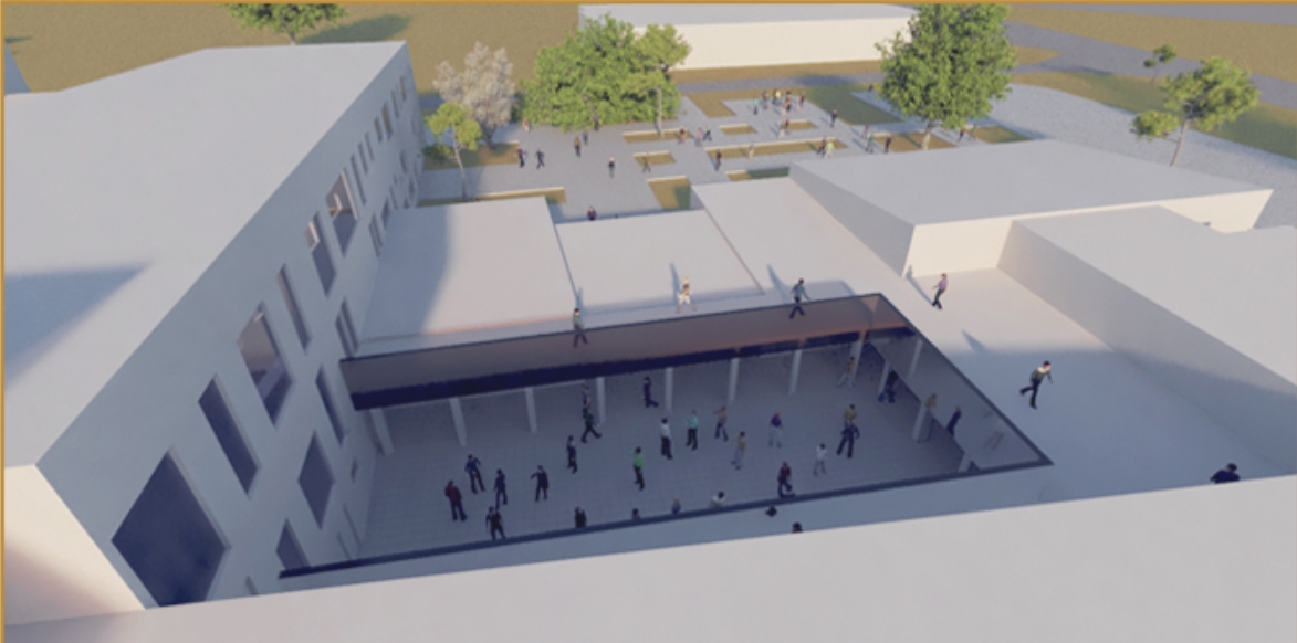 Rendered aerial view of a courtyard with a colonnaded covered walkway, pedestrians below and trees and garden beds beyond in daylight. Image: Hani Mansurnejad, Yasamin Edraki, Sharareh Jokar