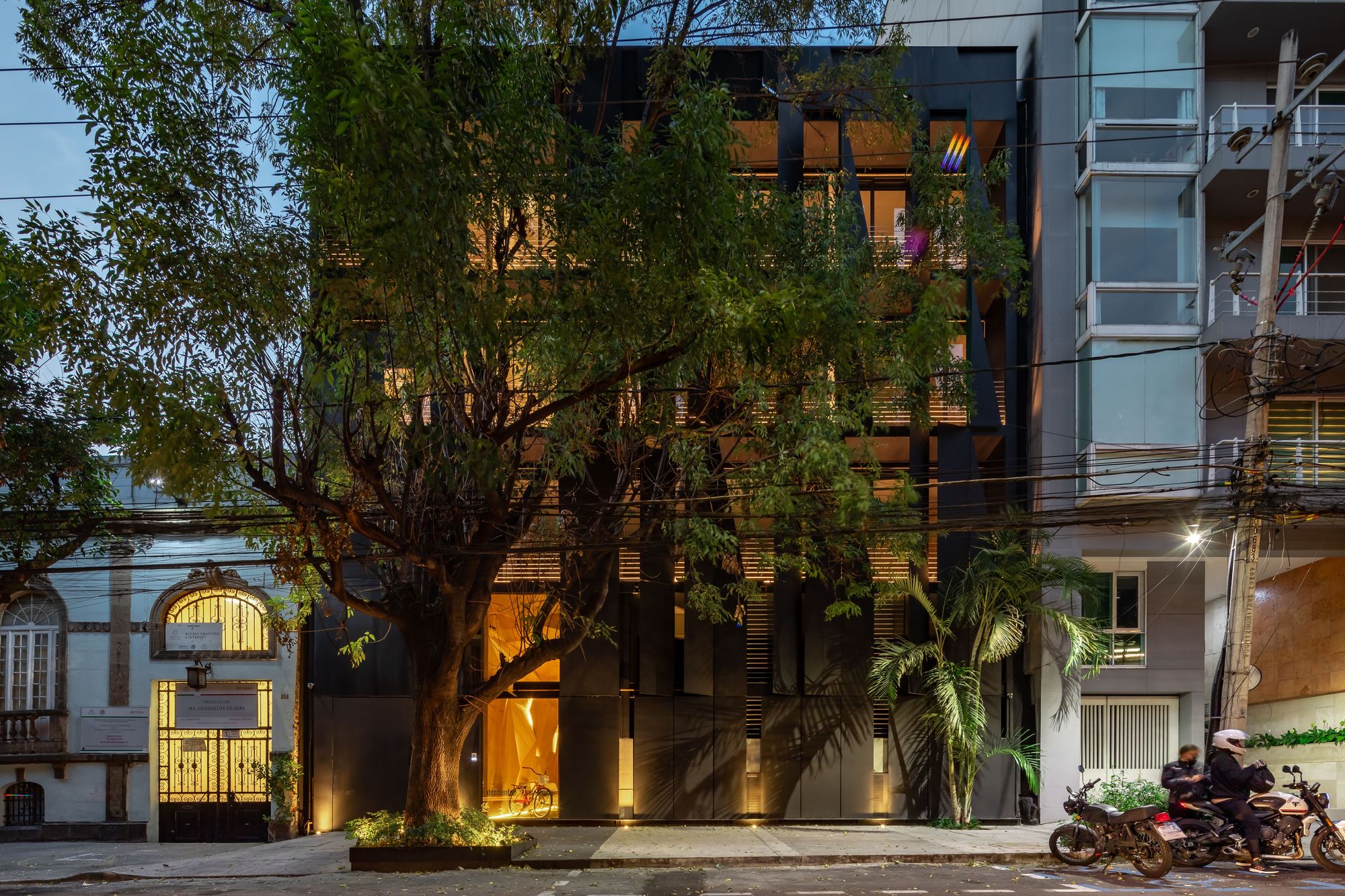Evening street view of the dark-paneled building behind a large tree, with motorbikes and a rider passing in front