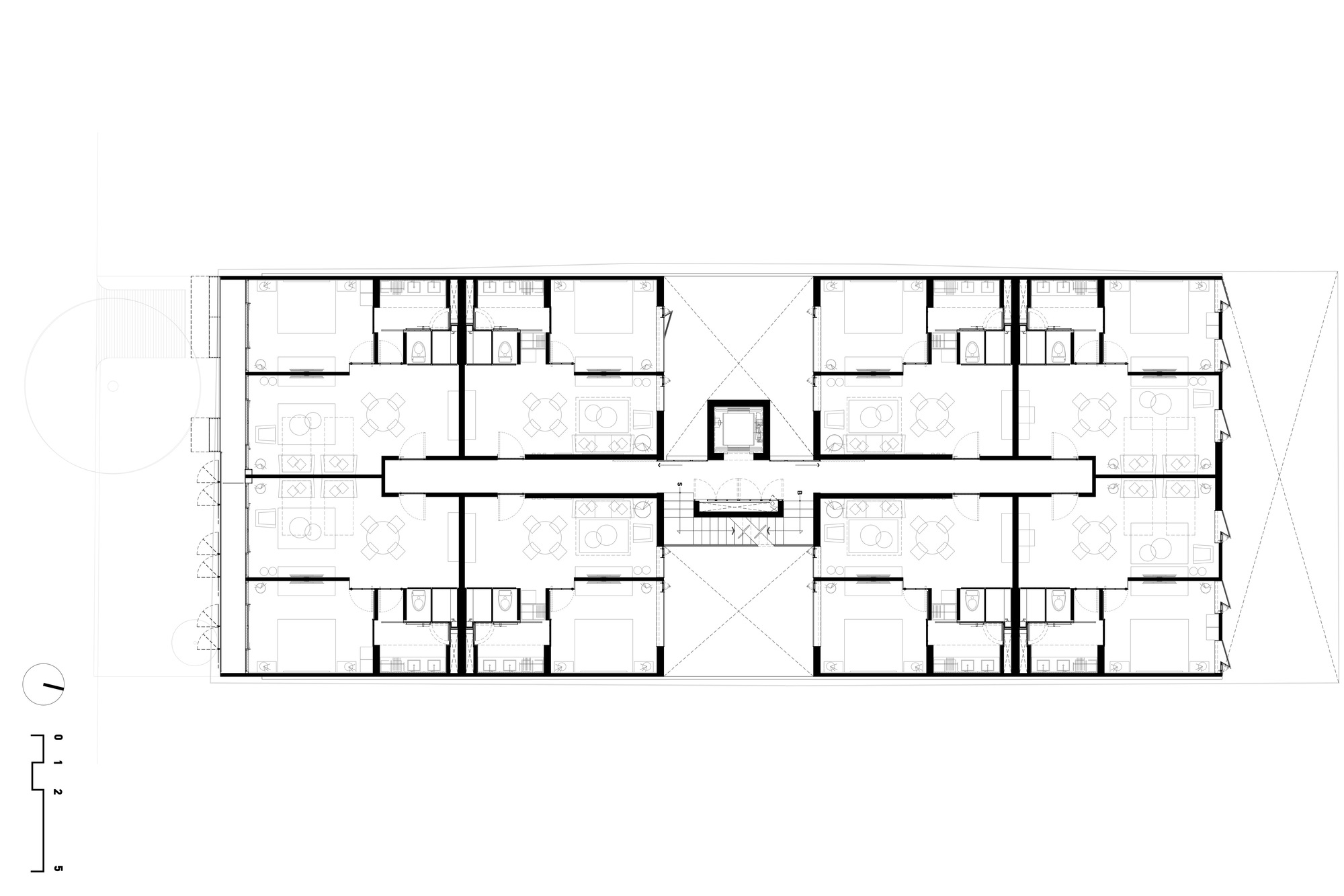 Typical upper floor plan drawing showing mirrored apartments with bedrooms and living rooms off a central corridor and lift core
