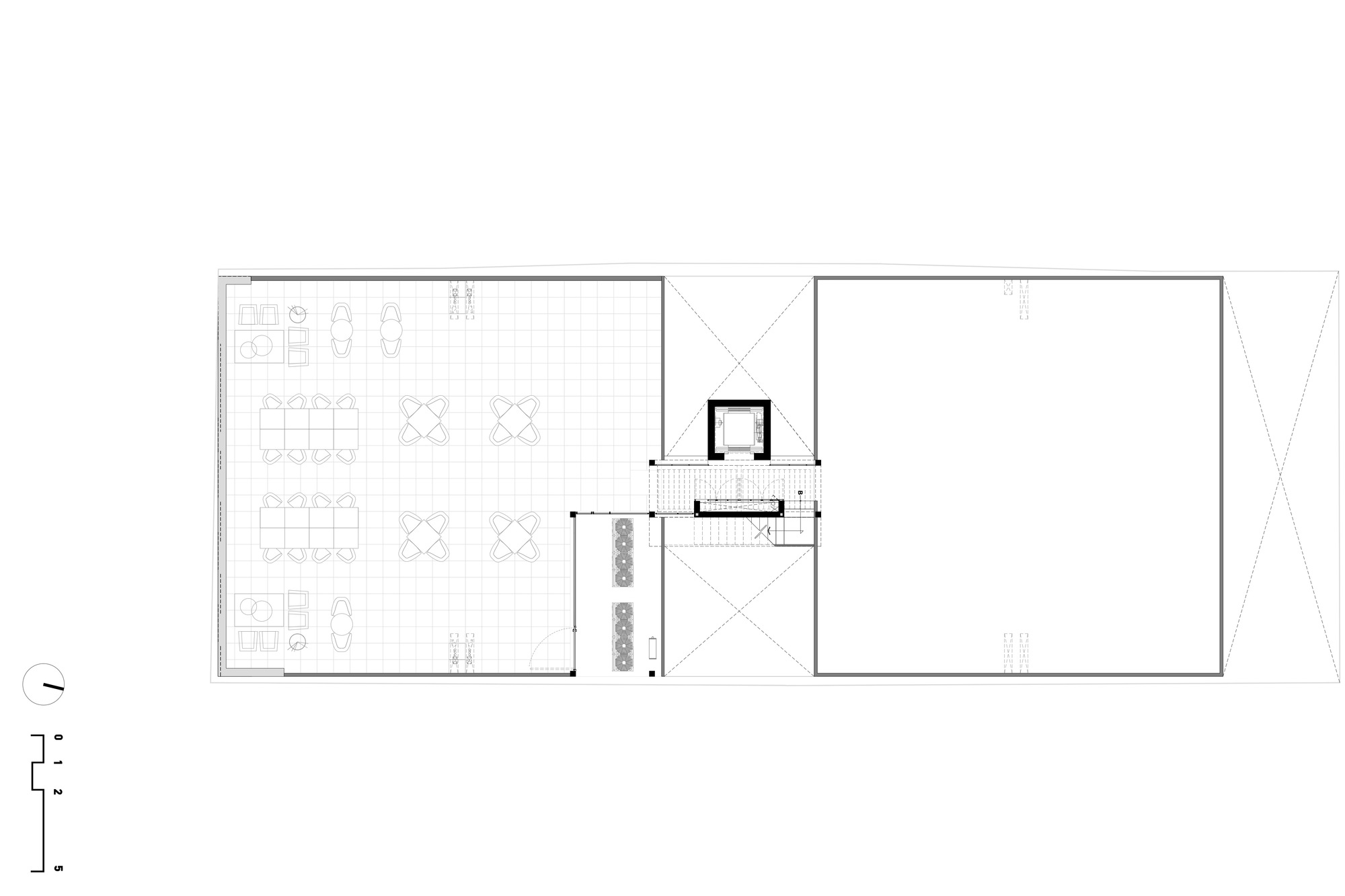Roof plan drawing showing a furnished terrace with dining tables and lounge seating beside a lift core and rooftop equipment
