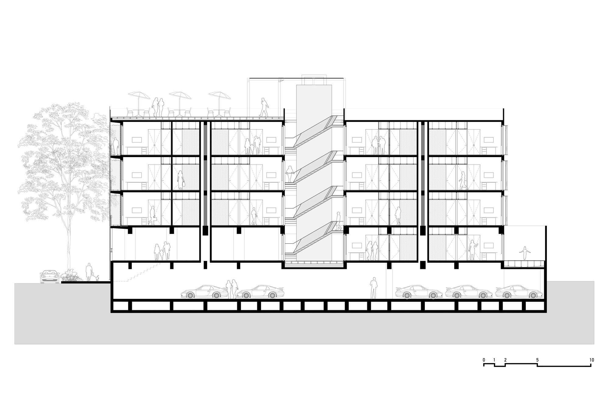 Building section drawing showing apartment floors around a stair core, basement parking with cars, a rooftop terrace and a tree at left
