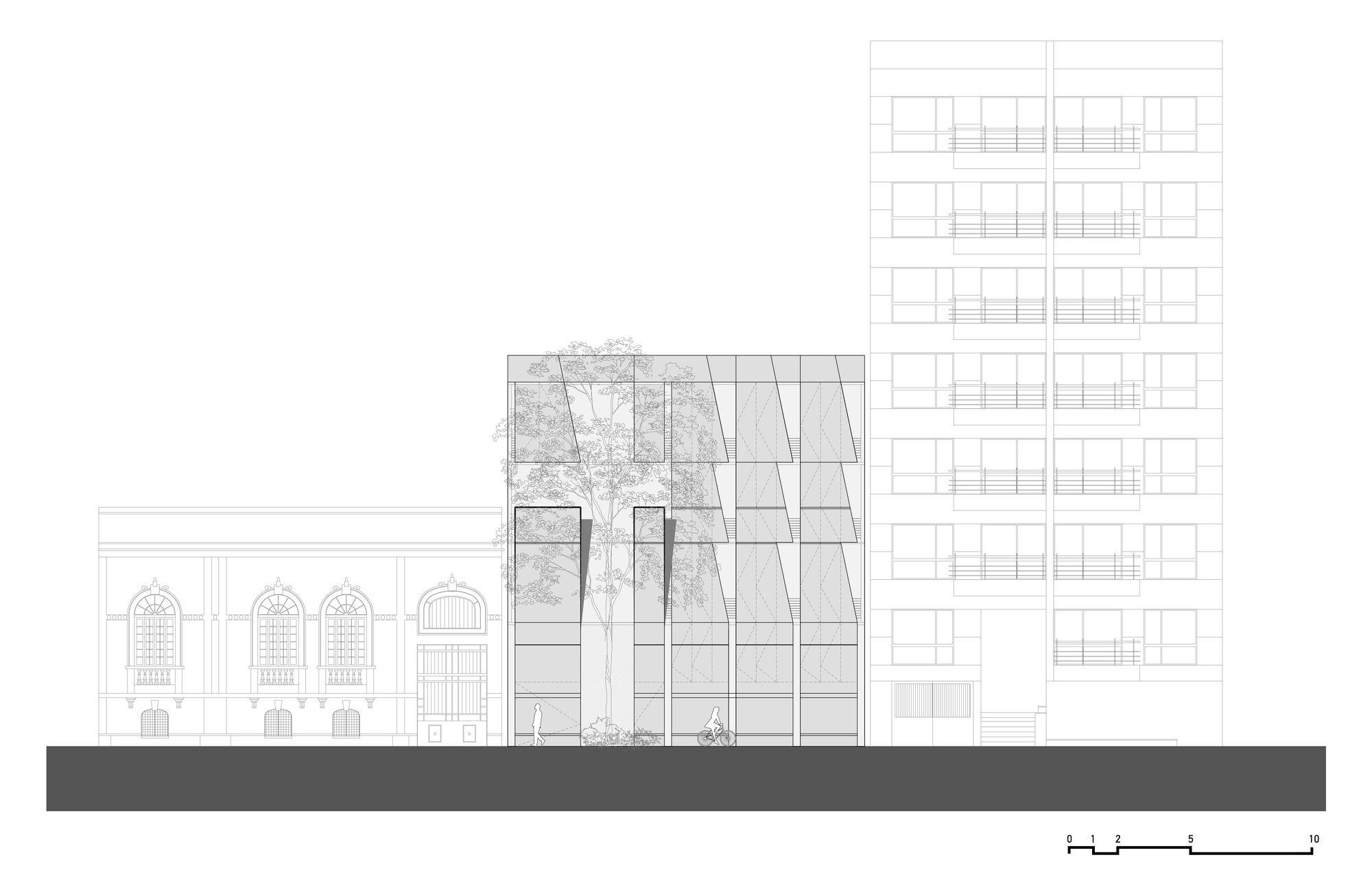 Street elevation drawing of a glazed, angled-panel facade with a tree and pedestrians, set between an arched older building and a tall block