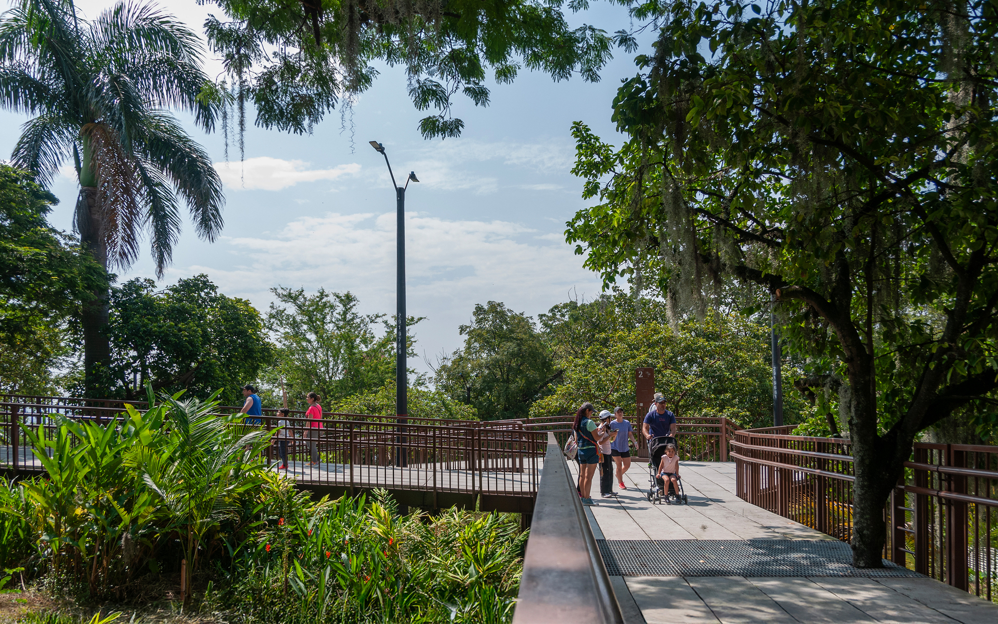Wide boardwalk deck with brown metal handrails where a family with a stroller walks past tropical plants and a palm