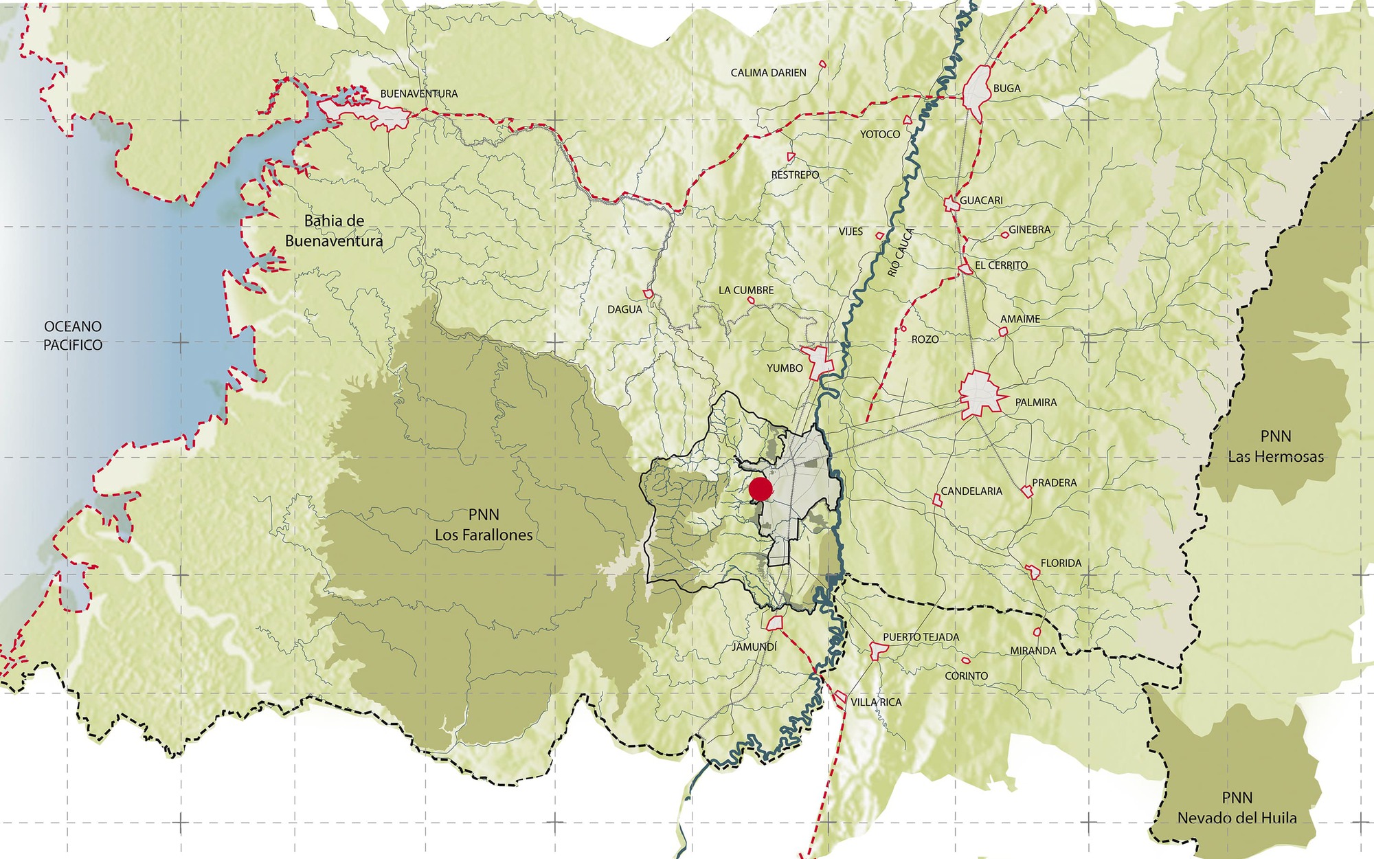Regional map drawing showing a city, neighboring towns, national parks, the river valley and the Pacific coast with a red marker