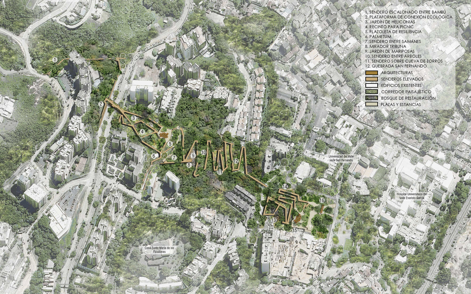 Aerial site plan drawing of a wooded ravine, with elevated walkways in orange traced through restoration forest and numbered stops