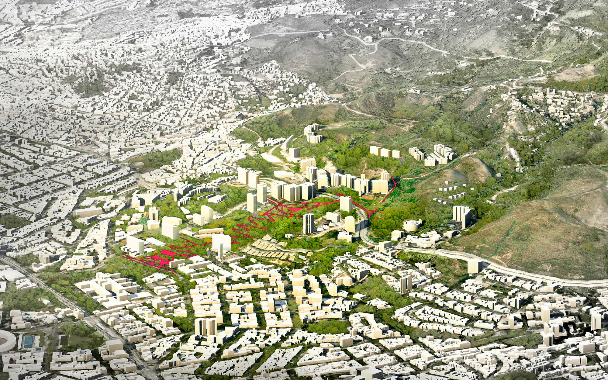 Aerial rendering of a green hillside slope between dense white city blocks and towers, with a red path network threading through the vegetation
