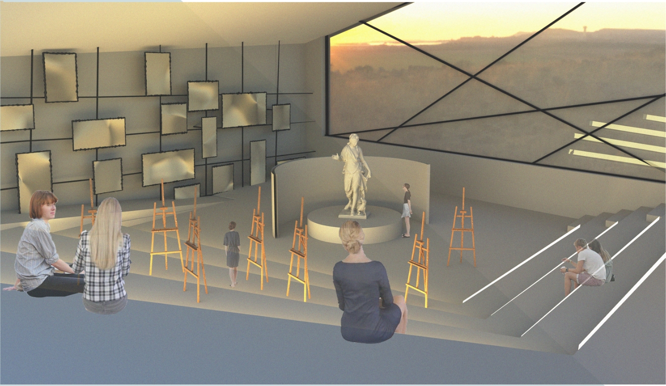 Rendered tiered seating hall with a statue on a round plinth, easels, framed panels on the wall and a diagonal-mullioned window at sunset. Image: Anastasia Askerko