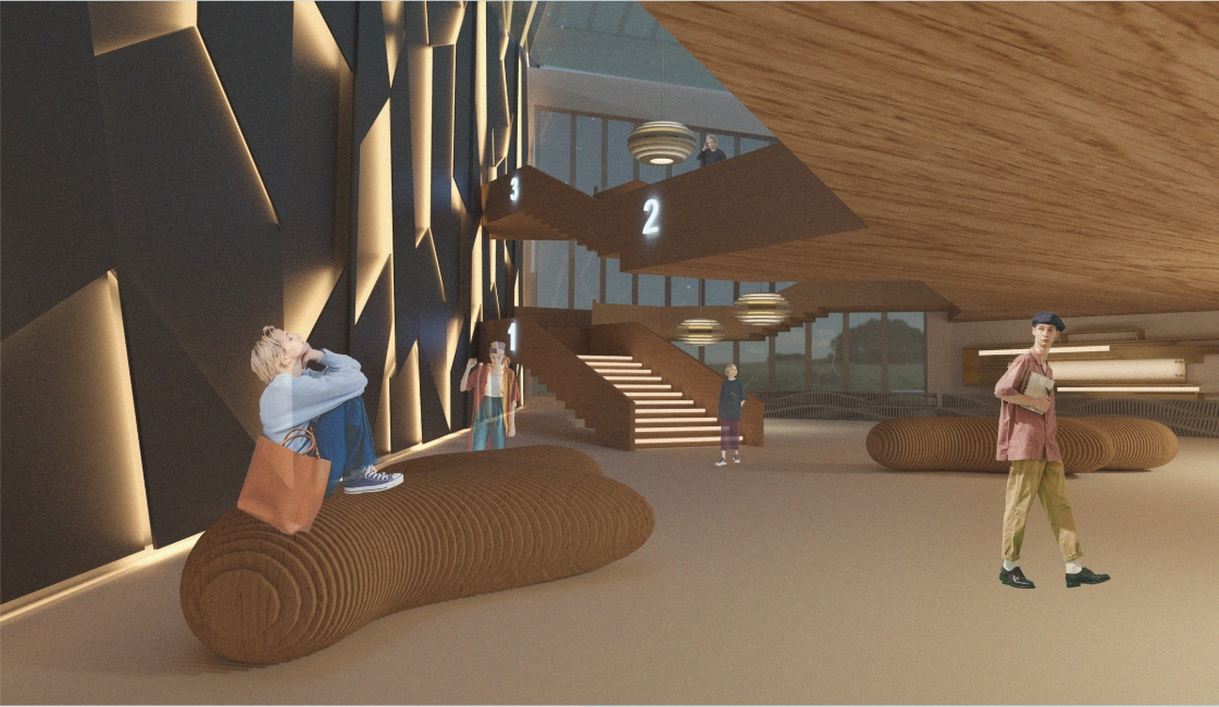 Rendered lobby with a faceted dark lit wall, curved timber benches, a stair with floor numbers and visitors under a wood ceiling. Image: Anastasia Askerko