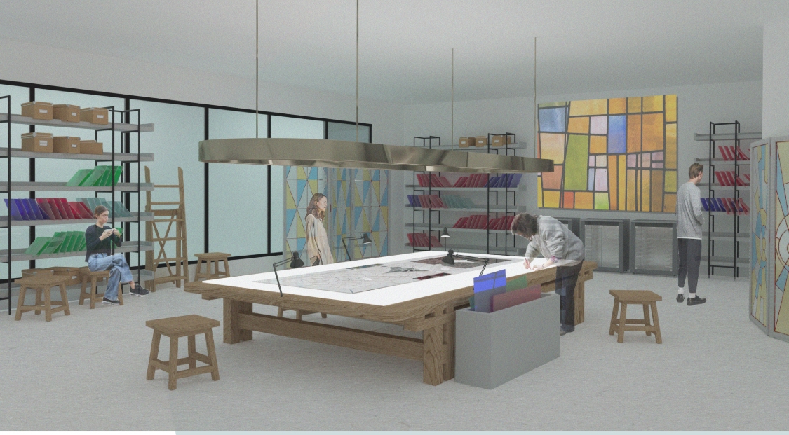 Rendered workshop with a large timber table under a hanging lamp, stained glass panels, shelving and people working in daylight. Image: Anastasia Askerko