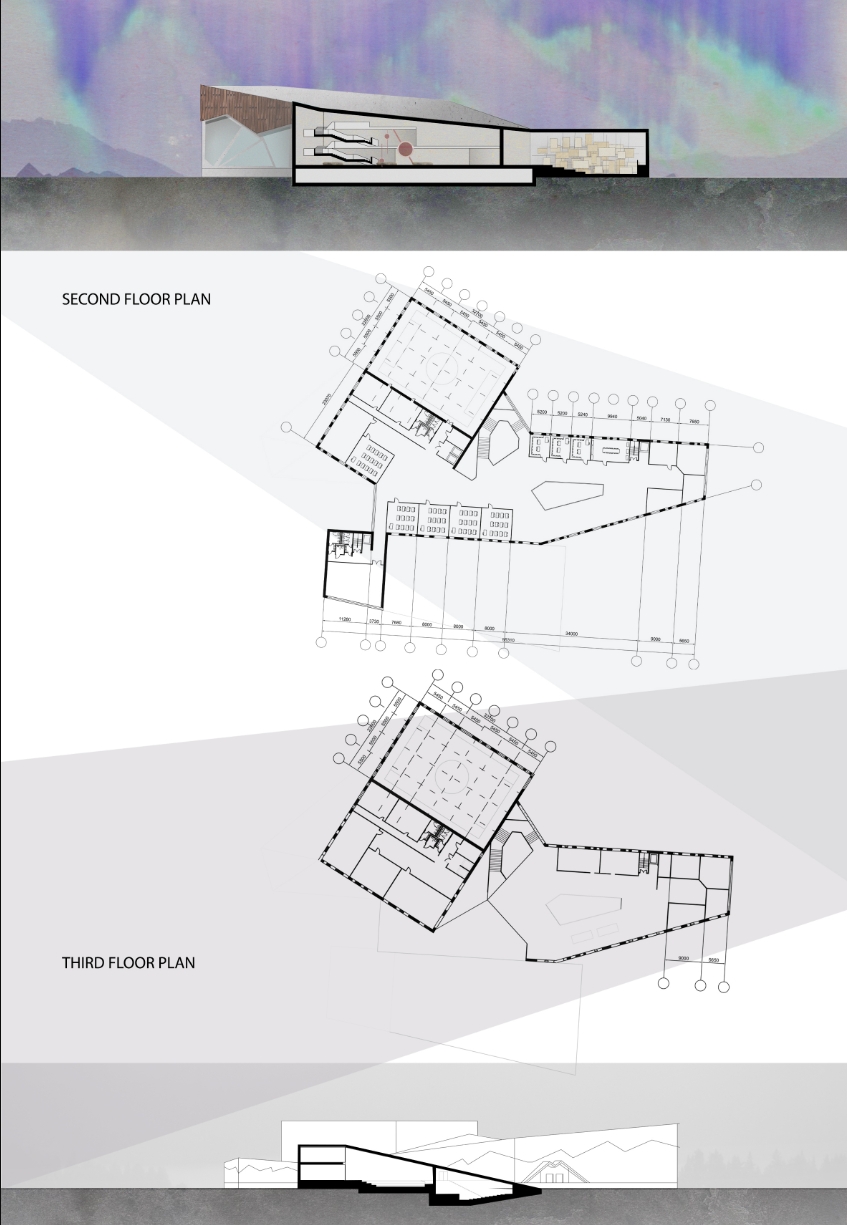 Presentation sheet with second and third floor plan drawings between a building section at top and a long section below. Image: Anastasia Askerko