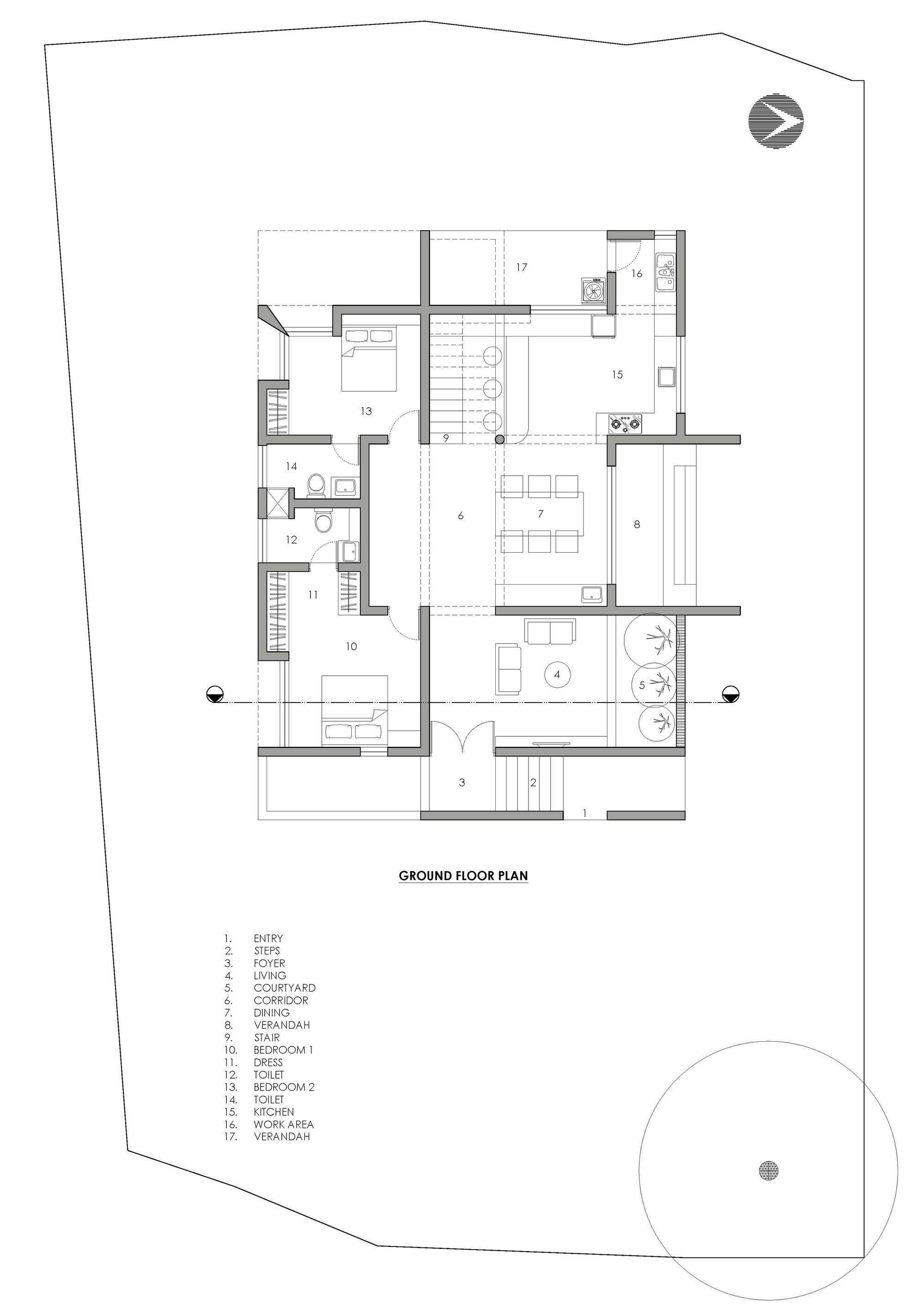 Ground floor plan drawing showing bedrooms, a central corridor, dining area, courtyard, verandahs and kitchen laid out within the site boundary