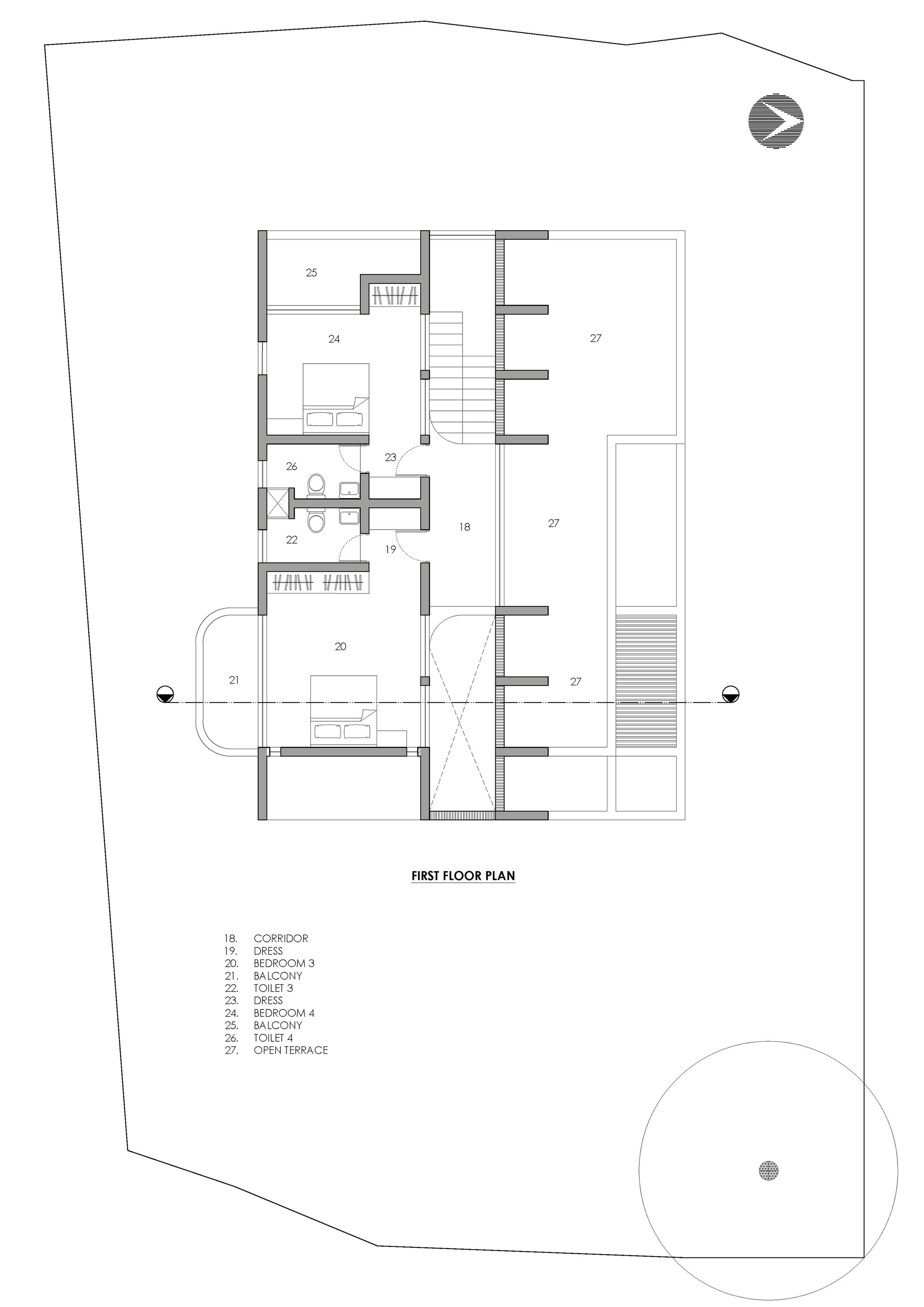 First floor plan drawing showing two bedrooms with dressing areas and balconies, a corridor, stair and large open terraces