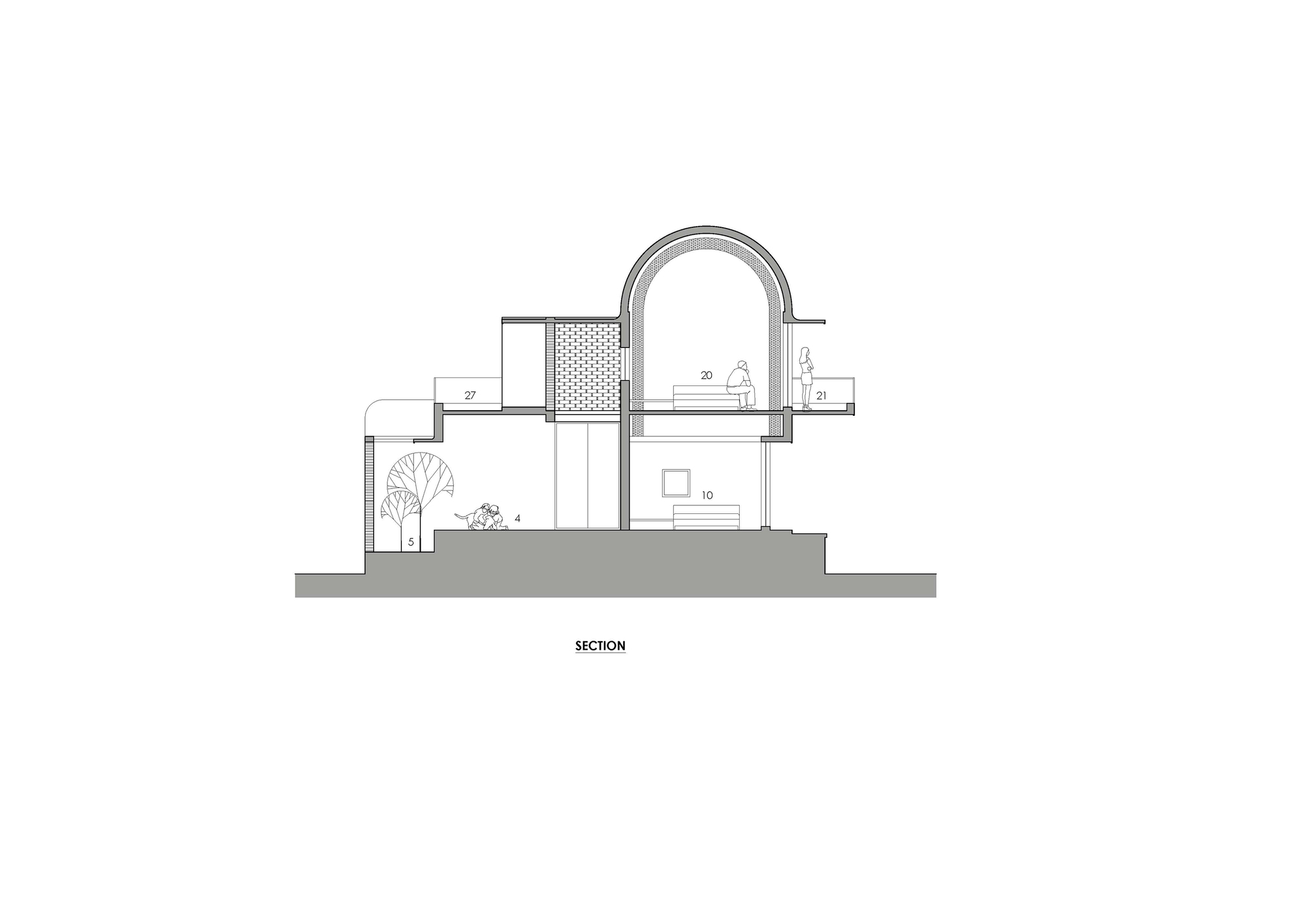 Section drawing of a two-storey house with an arched vaulted upper room, a perforated screen wall, a small courtyard tree and seated figures