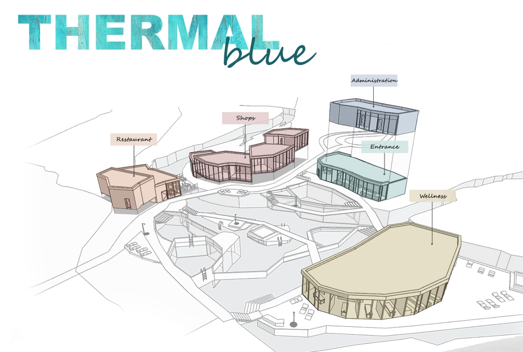 Axonometric site drawing with color-coded volumes for restaurant, shops, entrance, administration and wellness arranged around terraced pools on sloping ground. Image: Justyna Kozera, Karolina Turek, Paulina Mazur, Joanna Idec