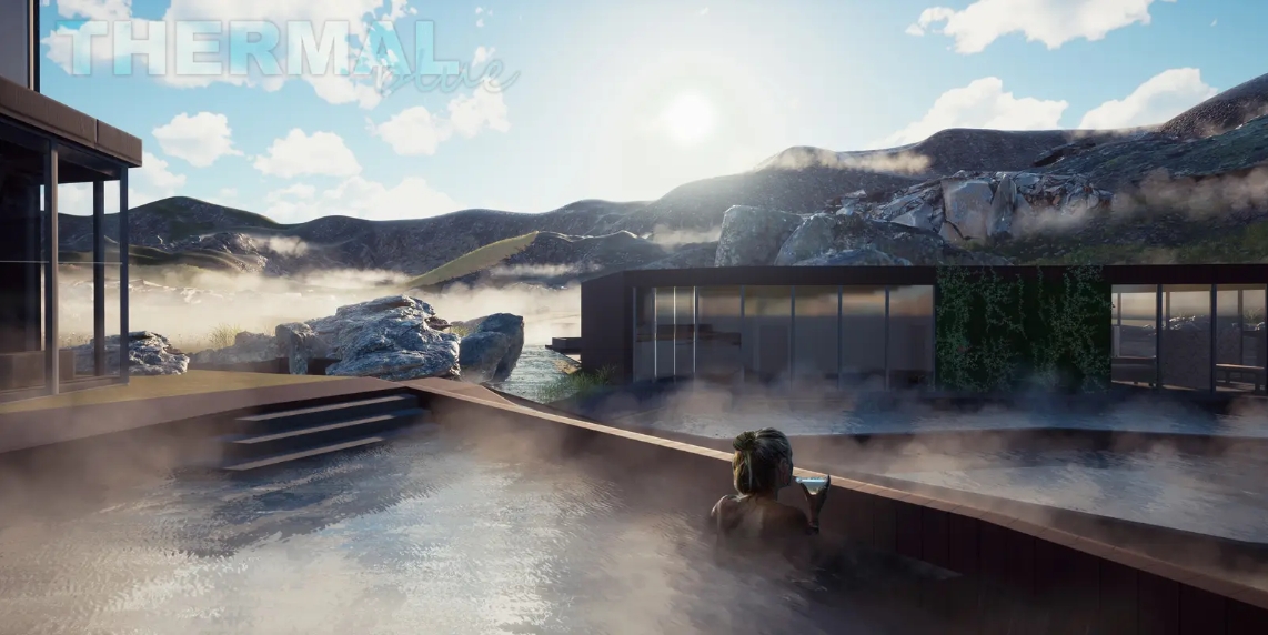 Rendering of a bather in a steaming pool with stepped edge, boulders and glazed pavilions against hazy mountains in sunlight. Image: Justyna Kozera, Karolina Turek, Paulina Mazur, Joanna Idec