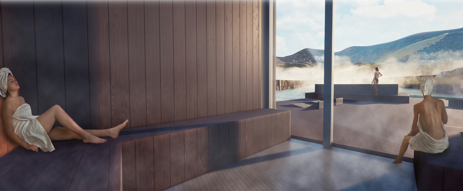 Timber-lined sauna interior with towel-wrapped figures on slatted benches facing a glass wall and steam rising over the pools. Image: Justyna Kozera, Karolina Turek, Paulina Mazur, Joanna Idec