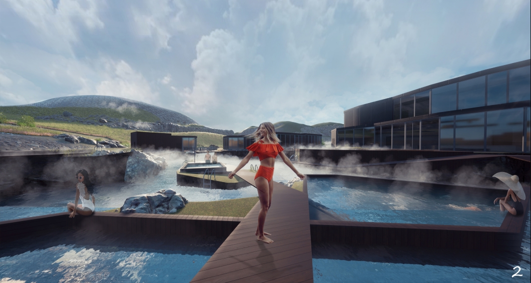 Rendering of a timber boardwalk crossing between steaming blue pools, with a woman in orange swimwear and dark glazed volumes under cloudy sky. Image: Justyna Kozera, Karolina Turek, Paulina Mazur, Joanna Idec