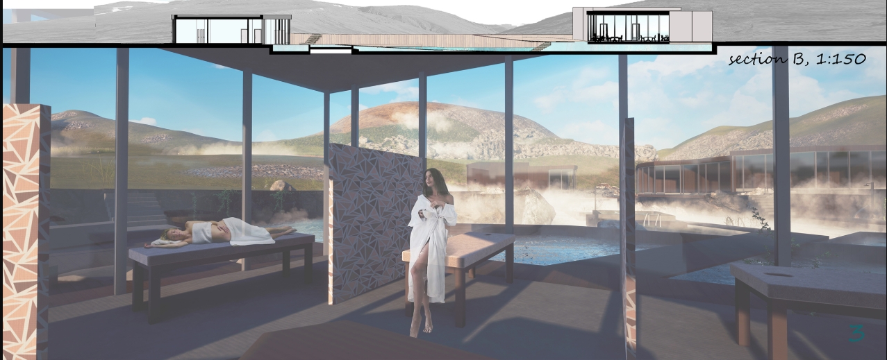 Section drawing strip above a rendered treatment pavilion, with a robed woman beside massage tables and patterned screens facing steaming pools and hills. Image: Justyna Kozera, Karolina Turek, Paulina Mazur, Joanna Idec
