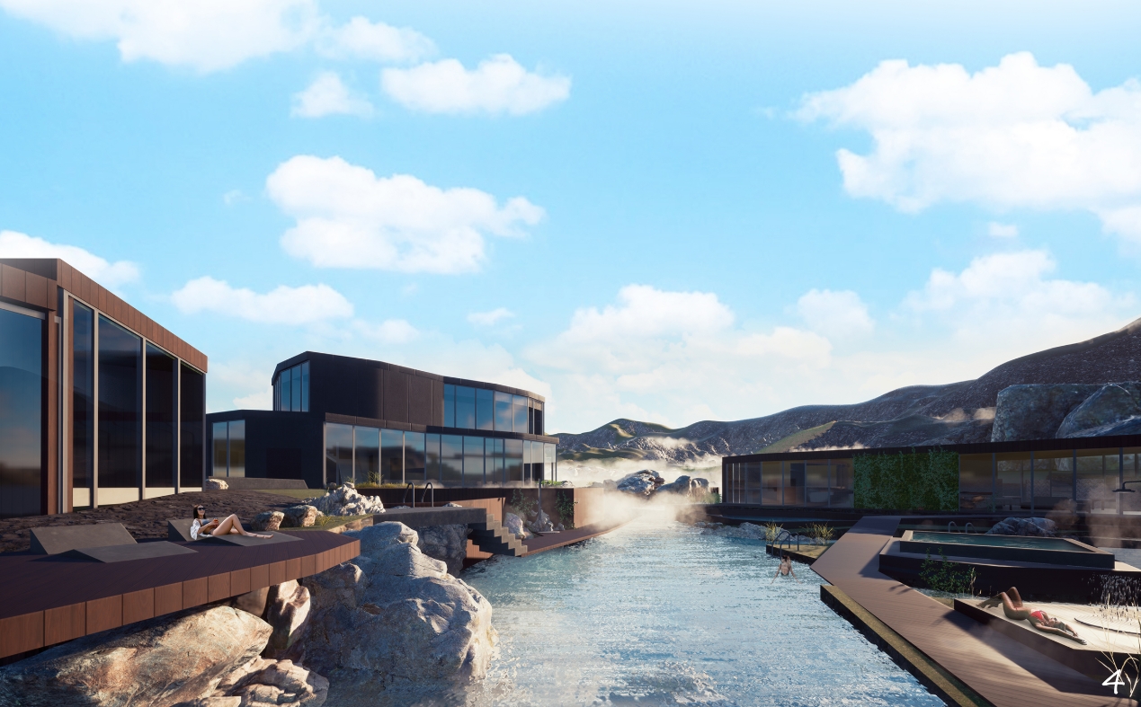 Rendered view of a steaming thermal water channel between glazed timber-clad volumes and deck terraces, with sunbathers under a cloudy blue sky. Image: Justyna Kozera, Karolina Turek, Paulina Mazur, Joanna Idec