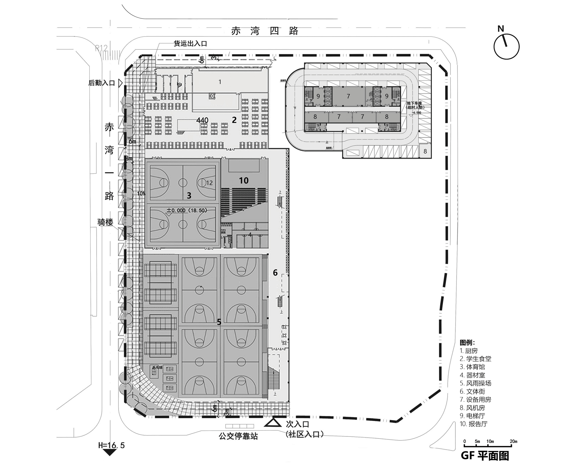 Ground floor plan drawing showing basketball courts, a gymnasium and canteen, with a separate dormitory block at upper right