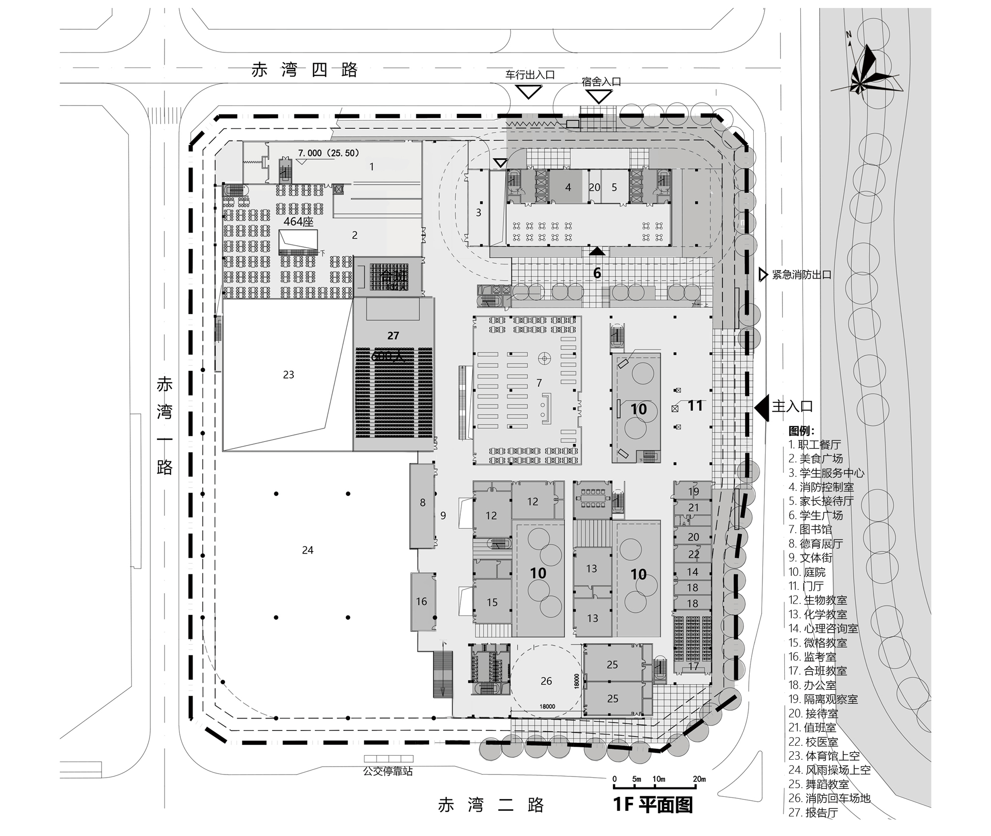 First floor plan drawing showing classrooms clustered around courtyards, a library, an auditorium and a large void over the courts